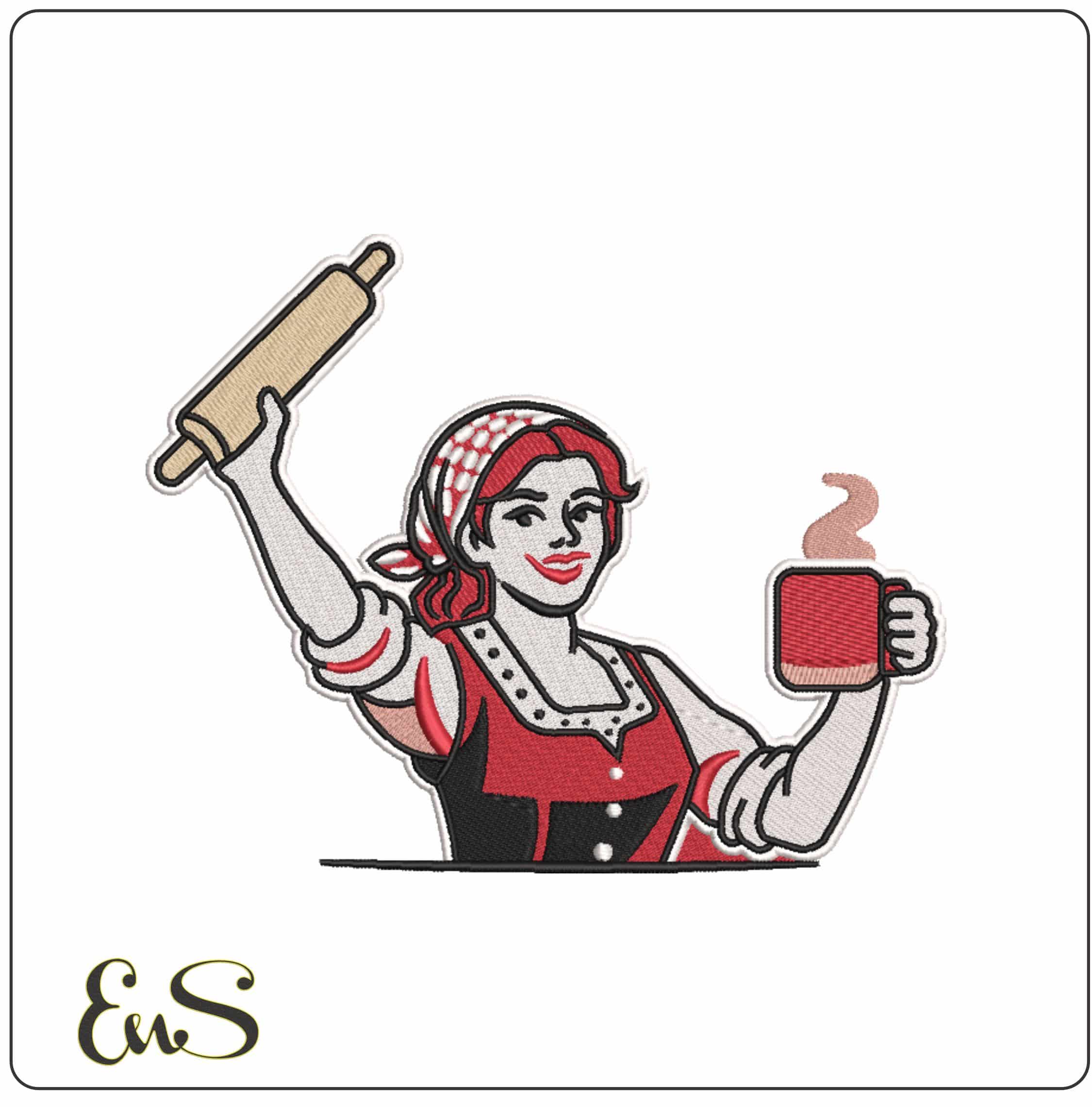 Yorkshire Lass with Tea and Rollin Pin  - Elegant embroidery design file-instant download