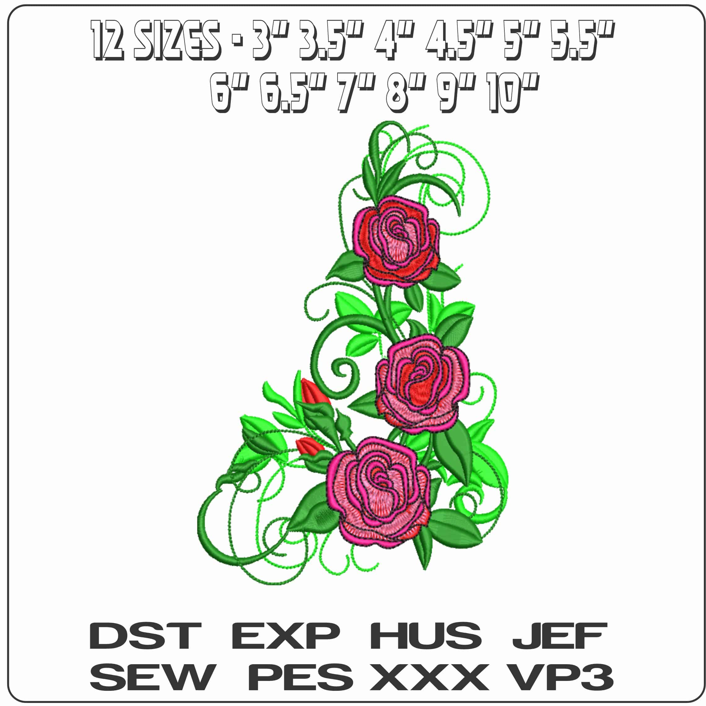 3 Pink Roses and Leaves  - Elegant embroidery design file-instant download — view 2