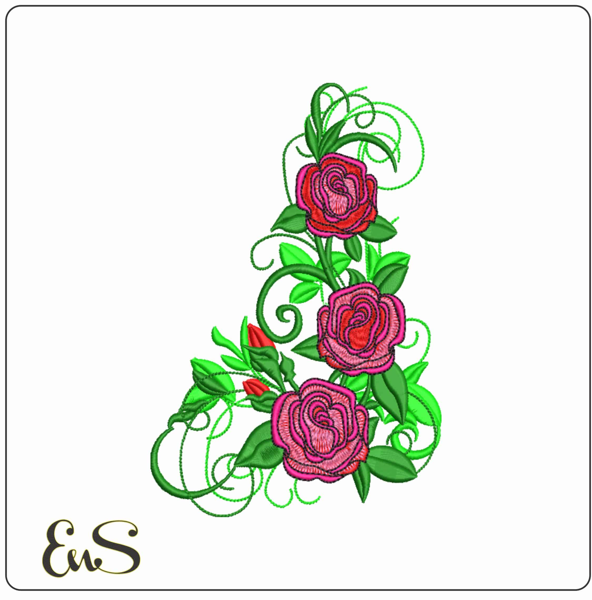 3 Pink Roses and Leaves  - Elegant embroidery design file-instant download