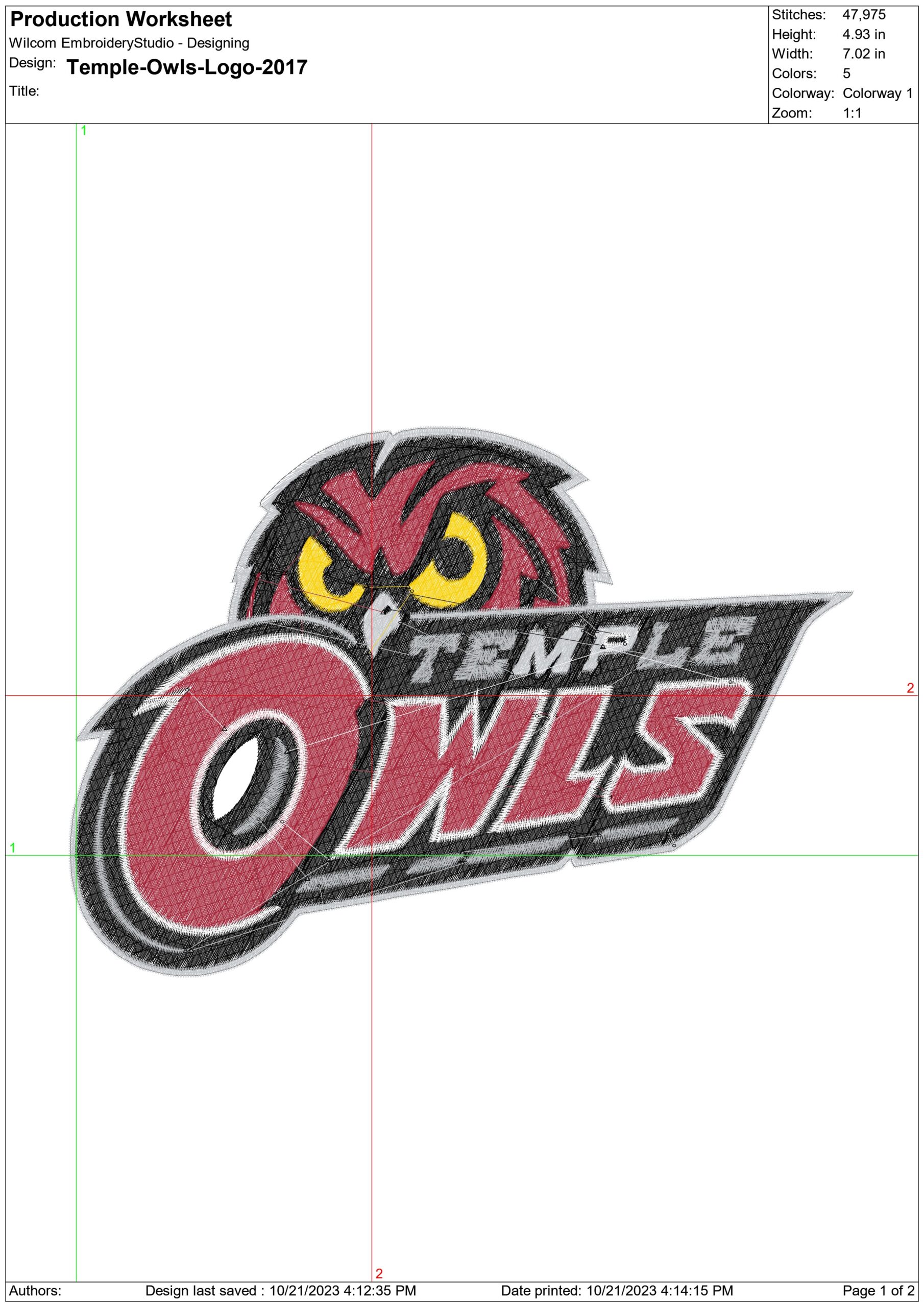 Temple Owls Logo 2017  embroidery design -Temple Owls Logo 2017 embroidery machine pattern embroidery file - instant download — view 2