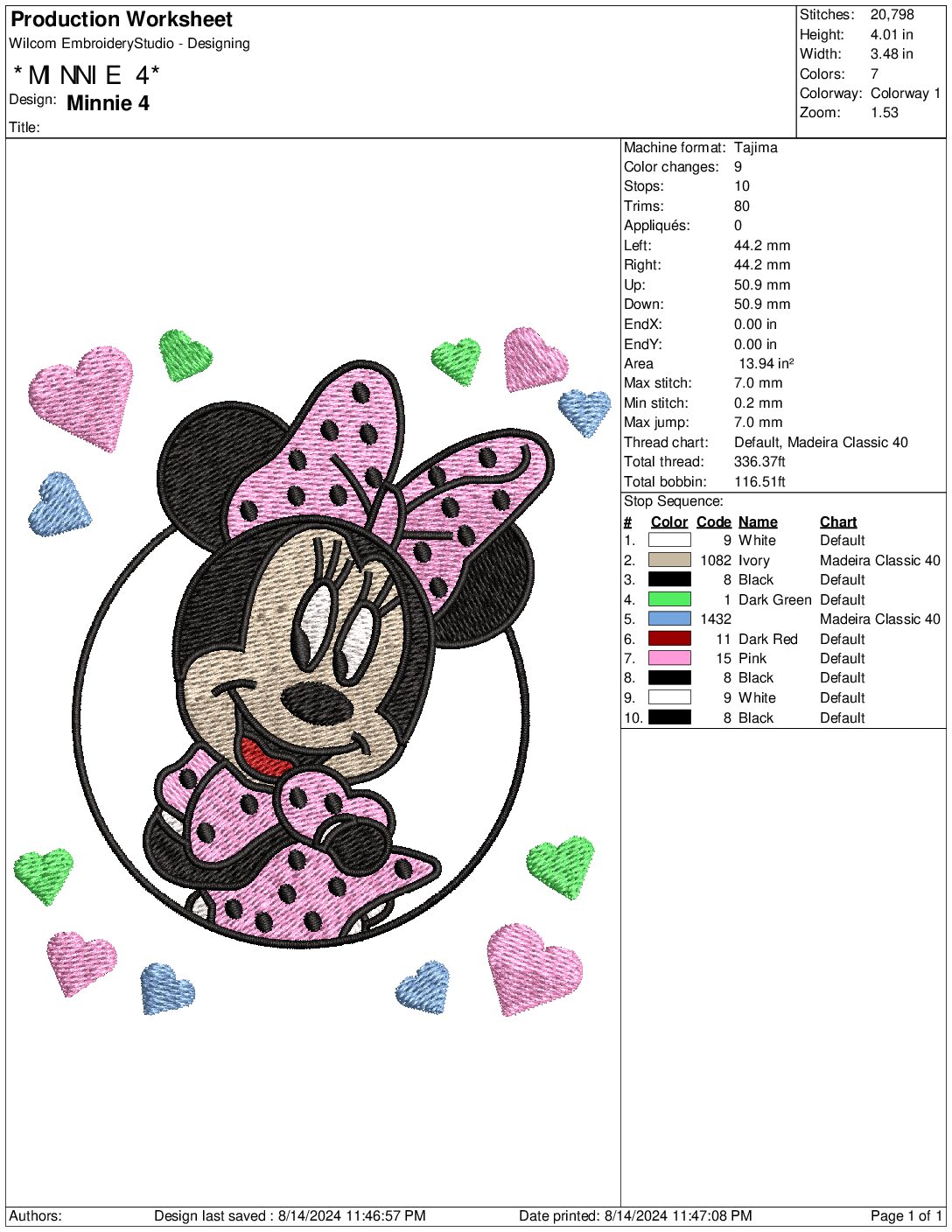 Minnie Mouse Hearts embroidery design - embroidery file - instant download in a frame — view 3