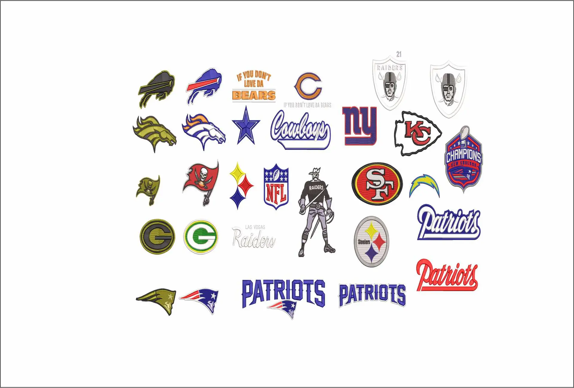 30 National Football League NFL Logos embroidery design - 30 total 2 inch designs of the logos for the NFL - Unique opportunity for multiple design in one place