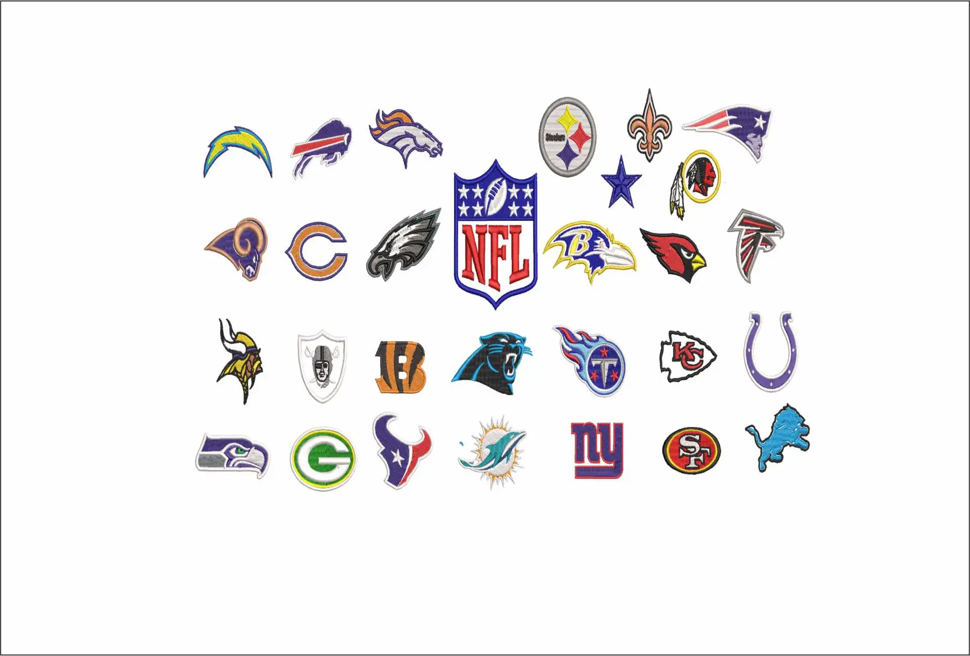 28 National Football League NFL - Logos SPECIAL PACKAGE - 28 Individual and group teams in a 2 inch embroidery design of the logos for the NFL - Unique opportunity for multiple design in one place