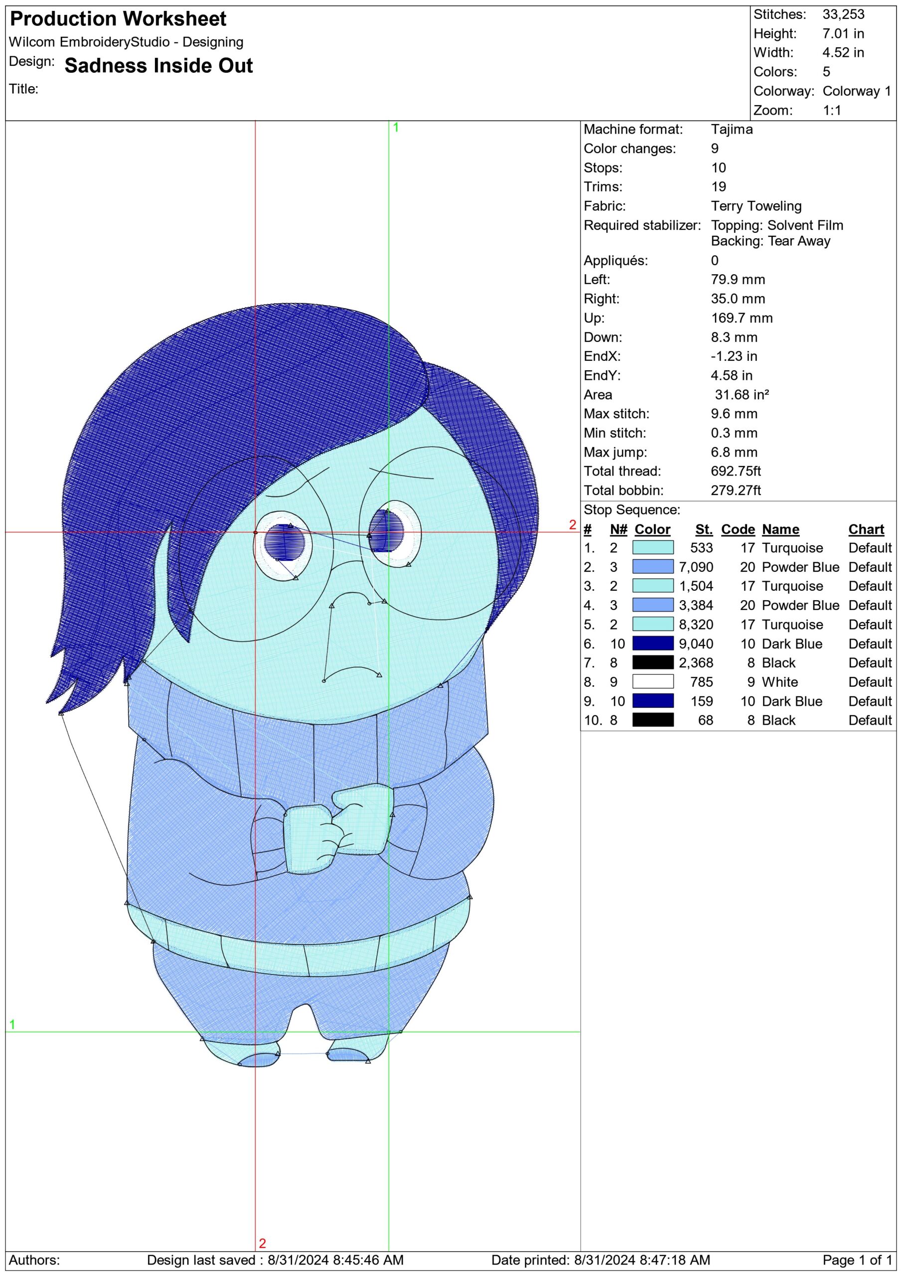 Inside Out Sadness - Disney Films embroidery design - embroidery file - instant download — view 2