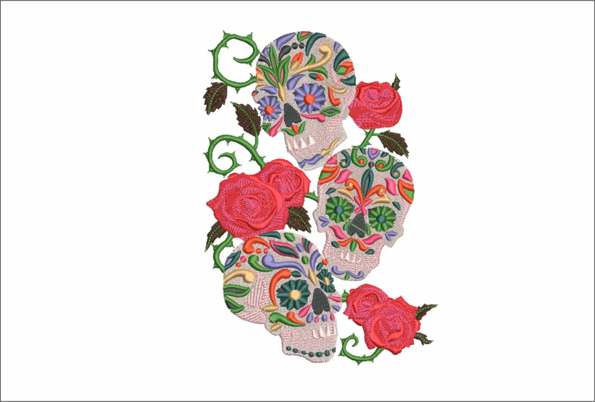 3 Sugar Skulls with Flowers - Day of the Dead - Halloween embroidery design - embroidery file - instant download