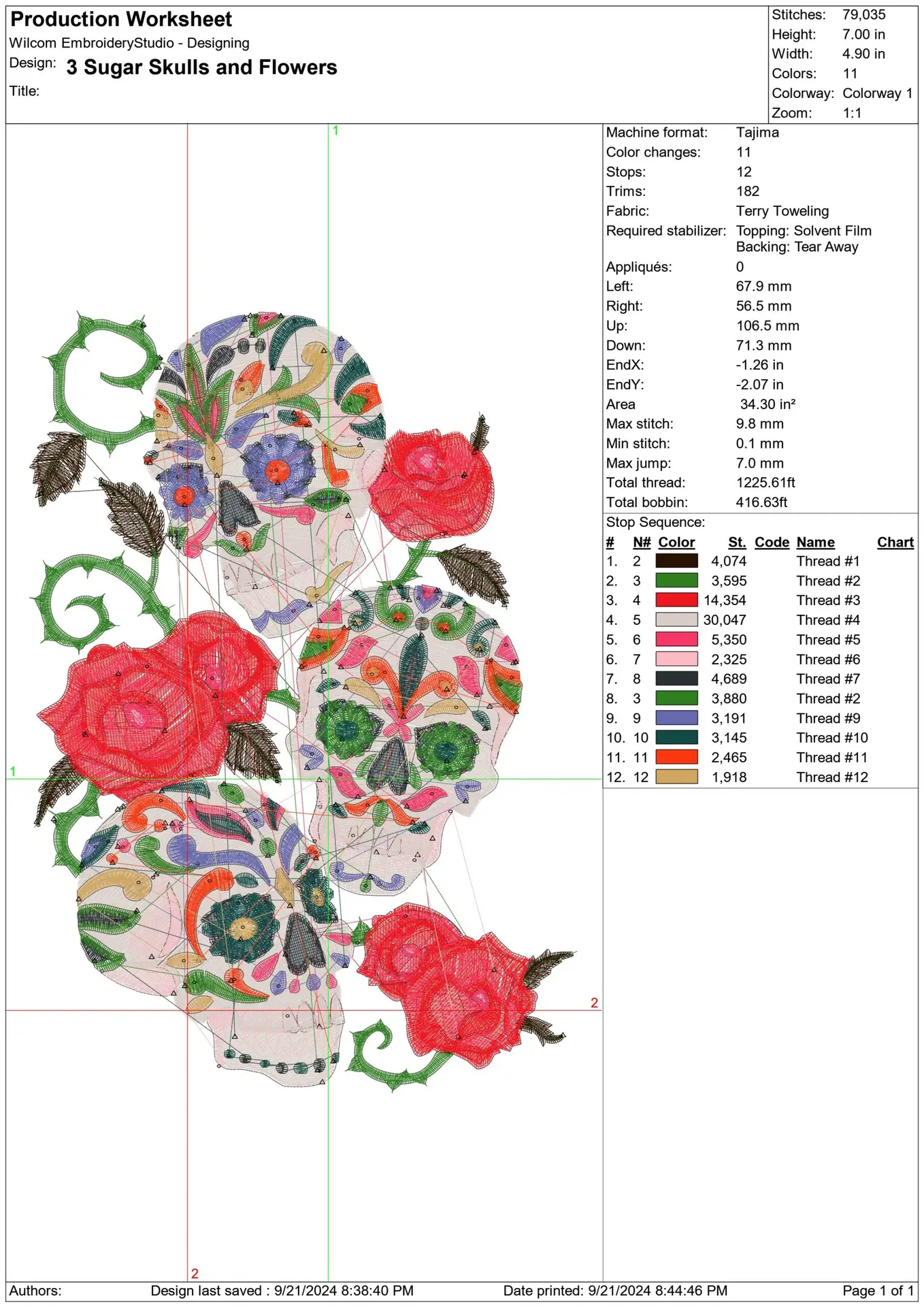 3 Sugar Skulls with Flowers - Day of the Dead - Halloween embroidery design - embroidery file - instant download — view 2
