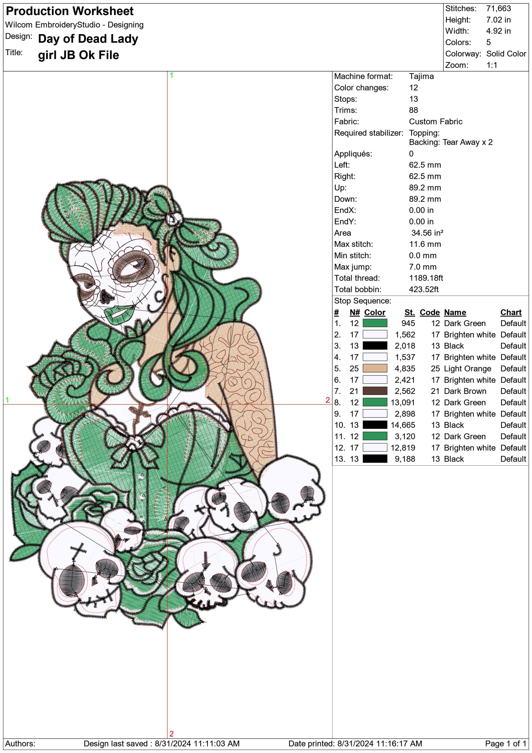 Day of Dead Lady with Skulls - Day of the Dead - Halloween embroidery design - embroidery file - instant download — view 2