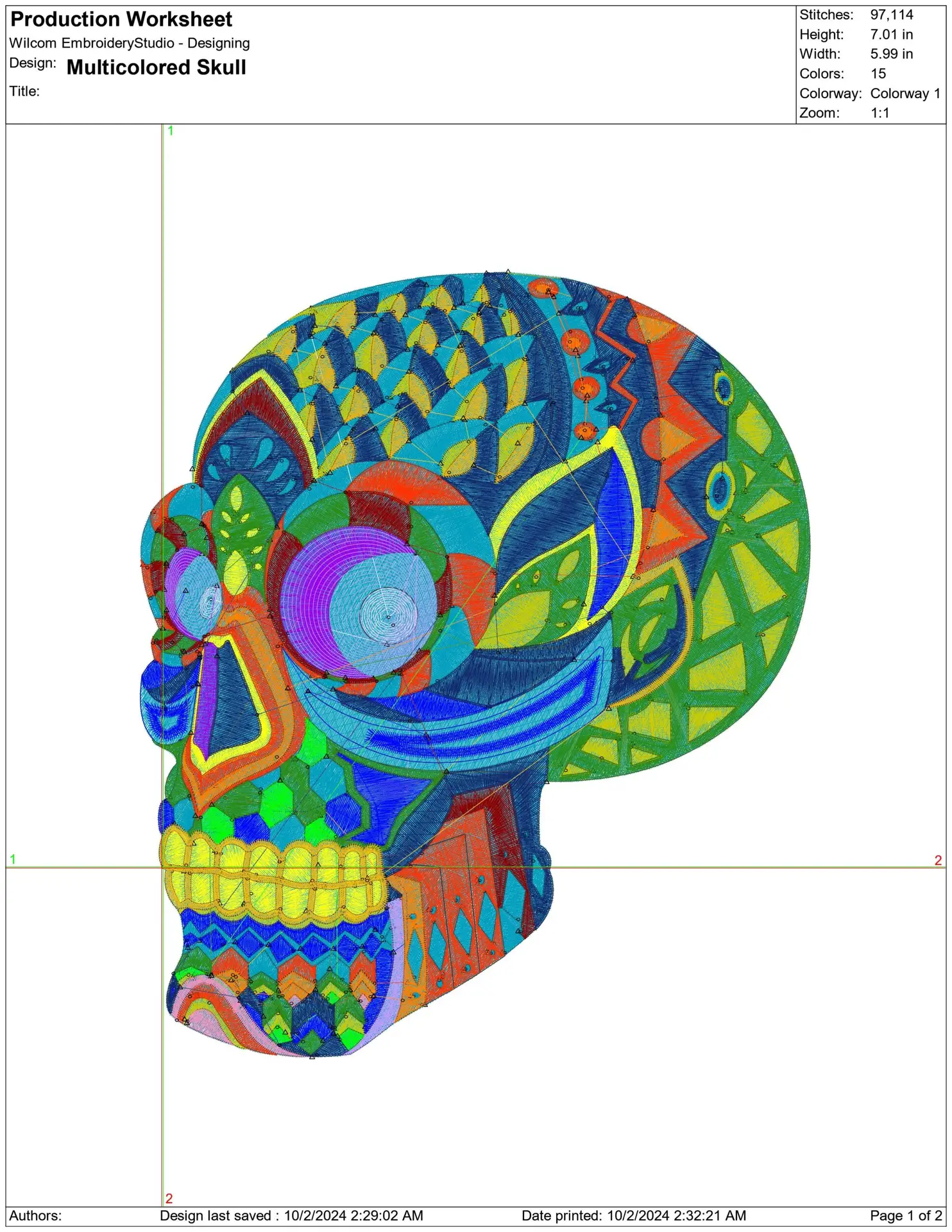 Multi Coloured Skull - Halloween embroidery design - embroidery file - instant download — view 2