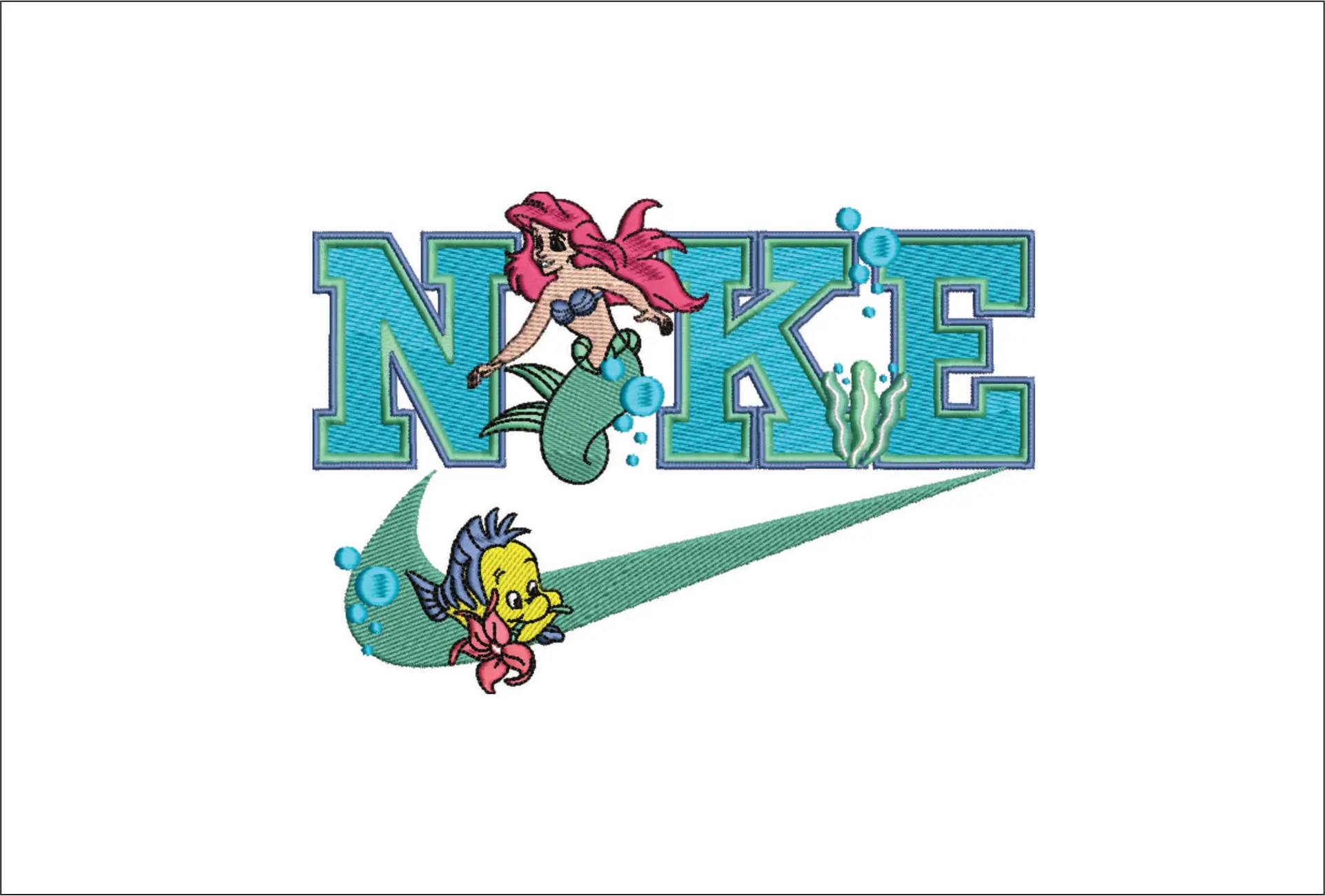 Nike Swoosh Disney Little Mermaid Ariel and Flounder - Nike embroidery design file - instant download in a frame