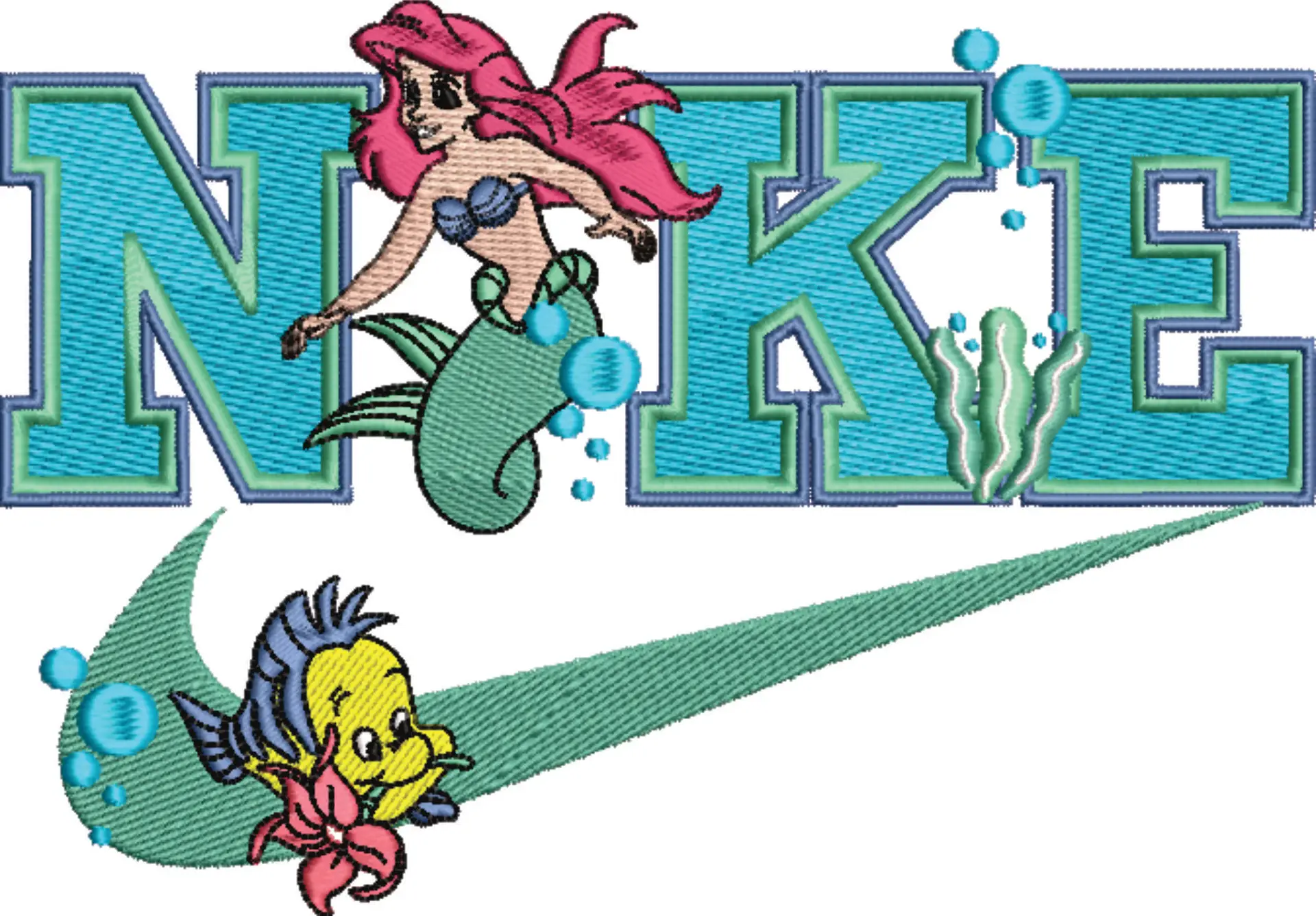 Nike Swoosh Disney Little Mermaid Ariel and Flounder - Nike embroidery design file - instant download in a frame — view 4