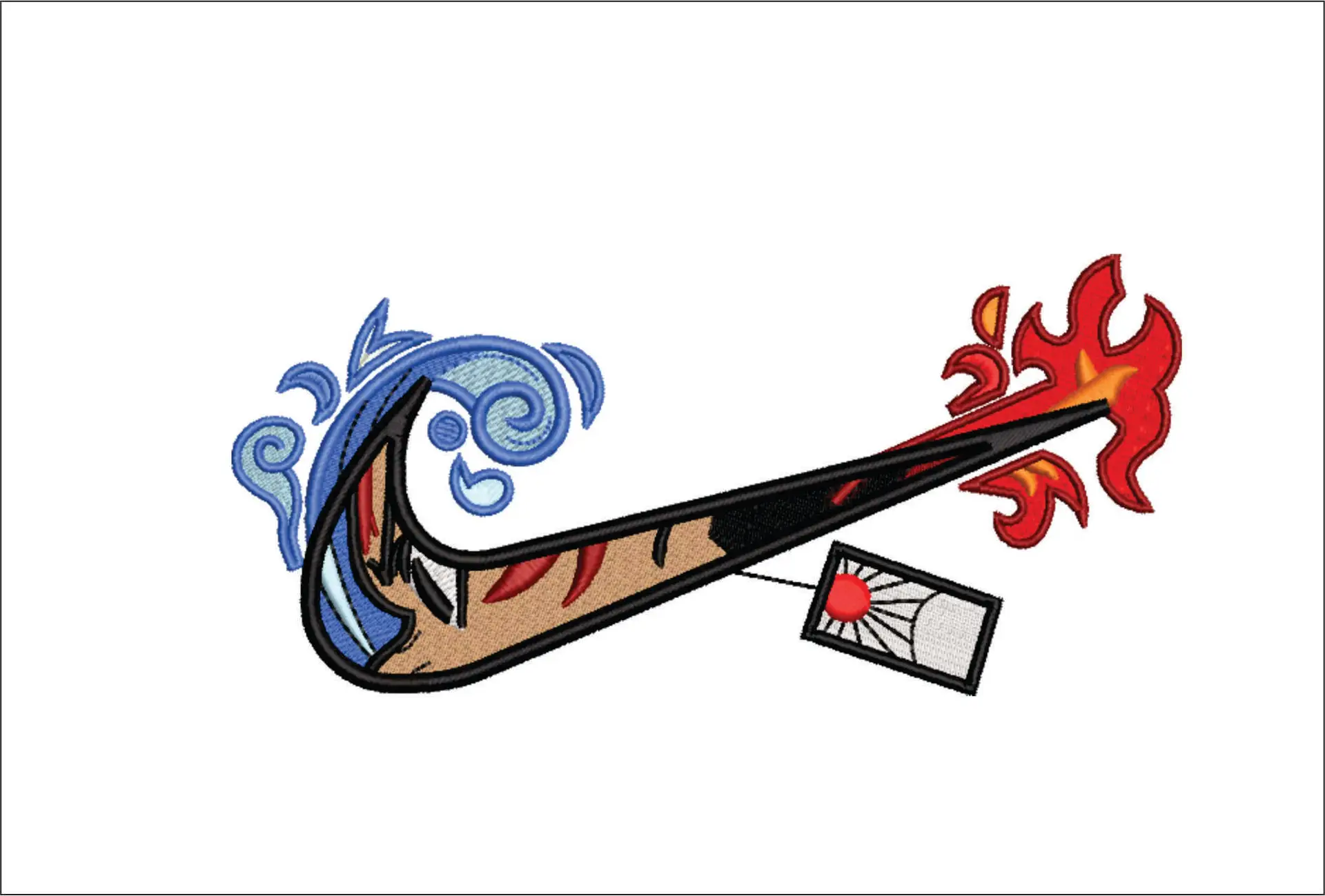 Swoosh Elemental Fire And Water Anime - Nike embroidery design file - instant download in a frame