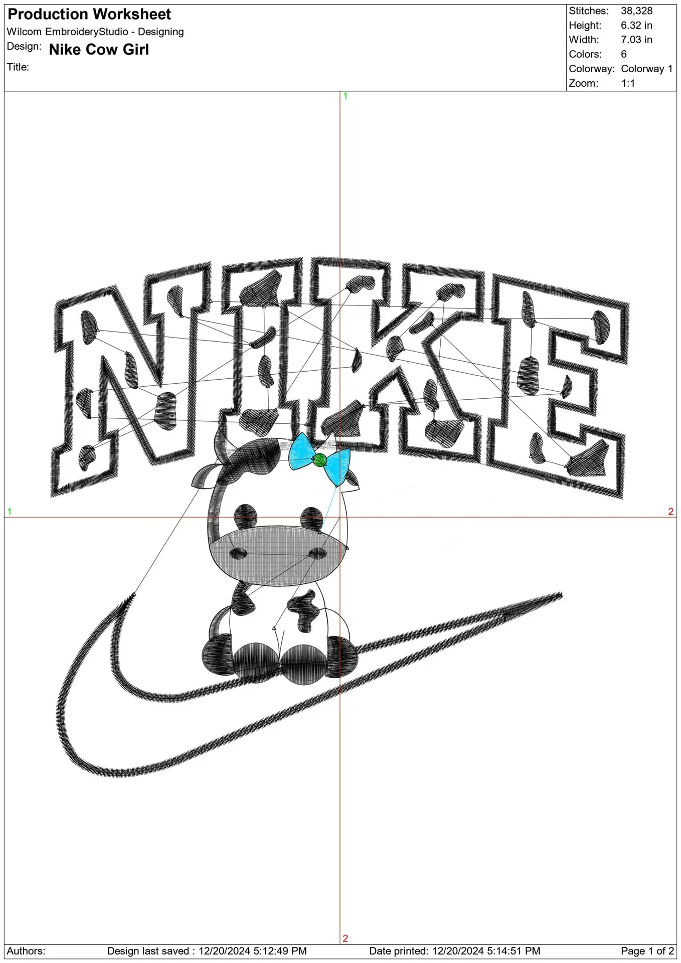 Nike Swoosh Cow with Bow - Nike embroidery design file - instant download in a frame — view 2