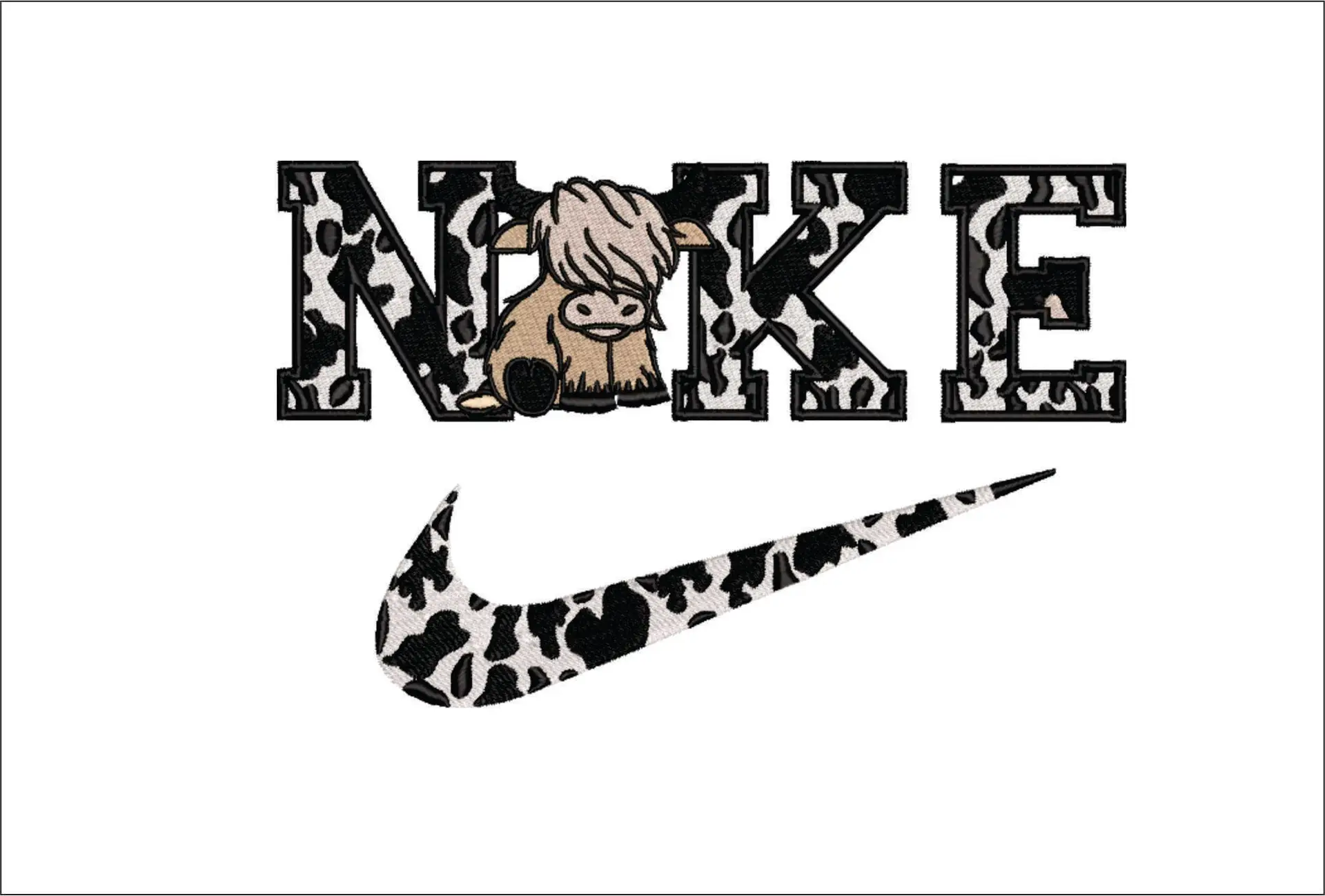 Nike Swoosh Highland Cow- Nike embroidery design file - instant download in a frame