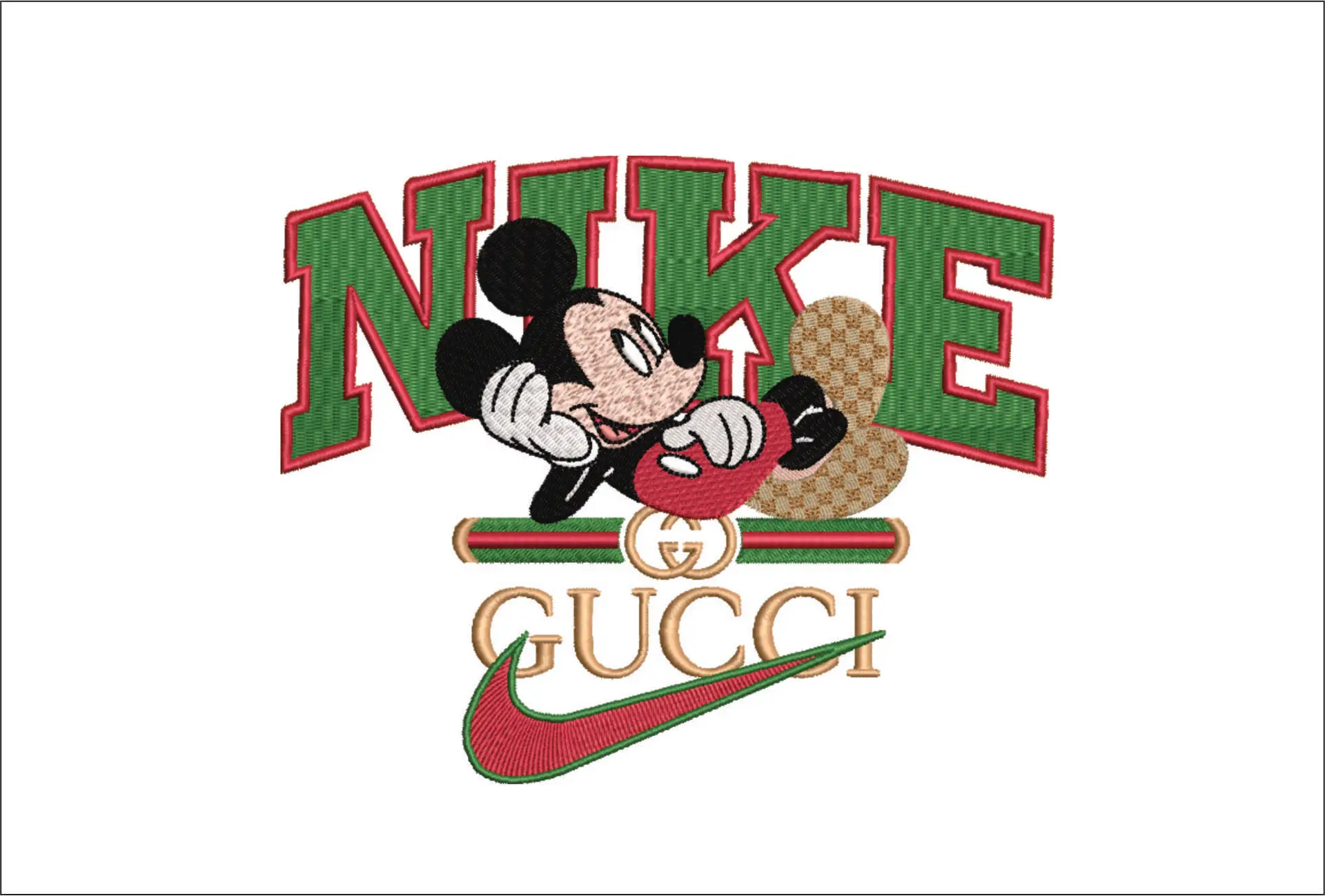 Nike Swoosh and Gucci Mickey Mouse Laying down - embroidery design file - instant download