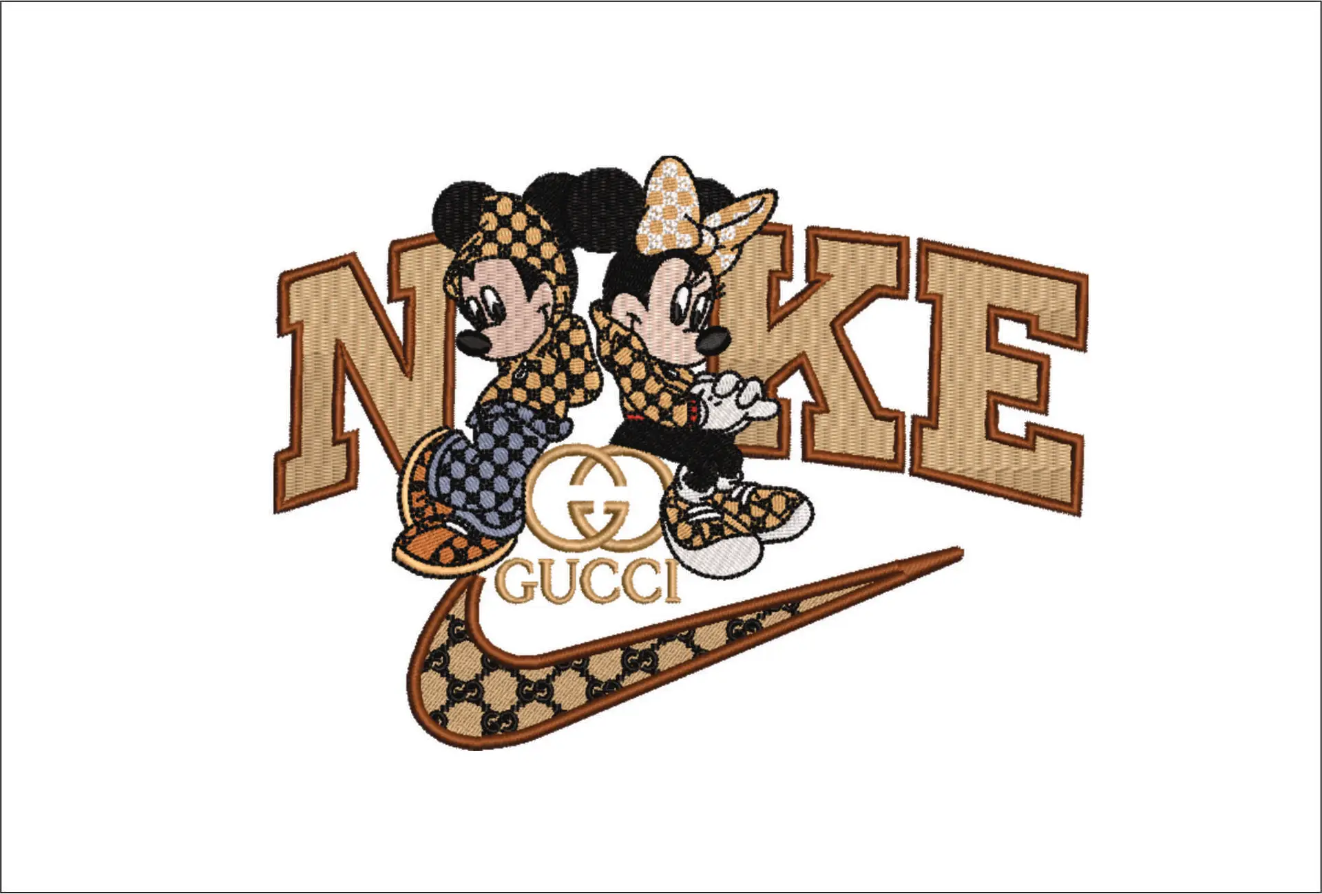 Nike Swoosh and Gucci Mickey and Minnie Mouse Posing - embroidery design file - instant download