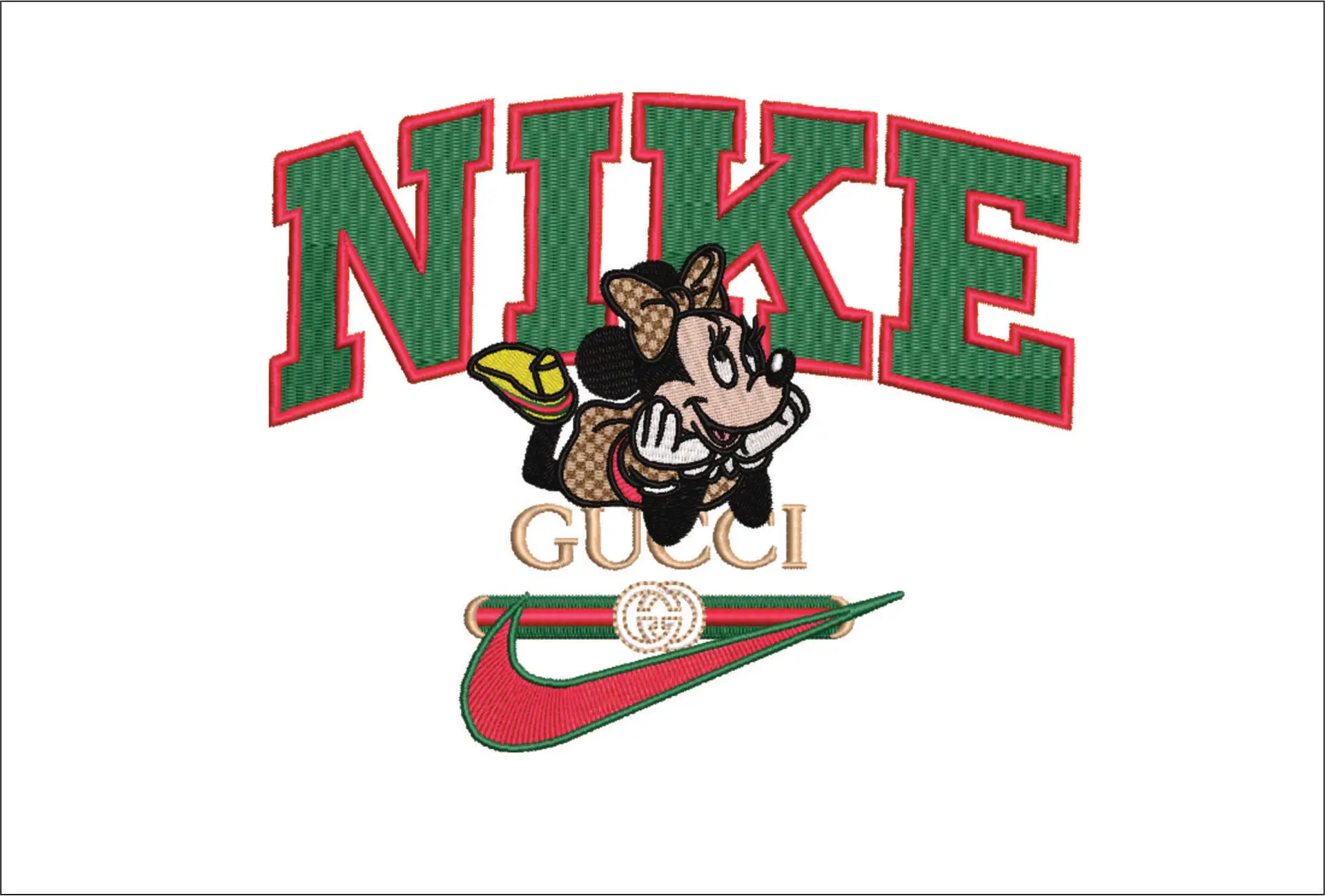 Nike Swoosh and Gucci Minnie Mouse lay down - embroidery design file - instant download