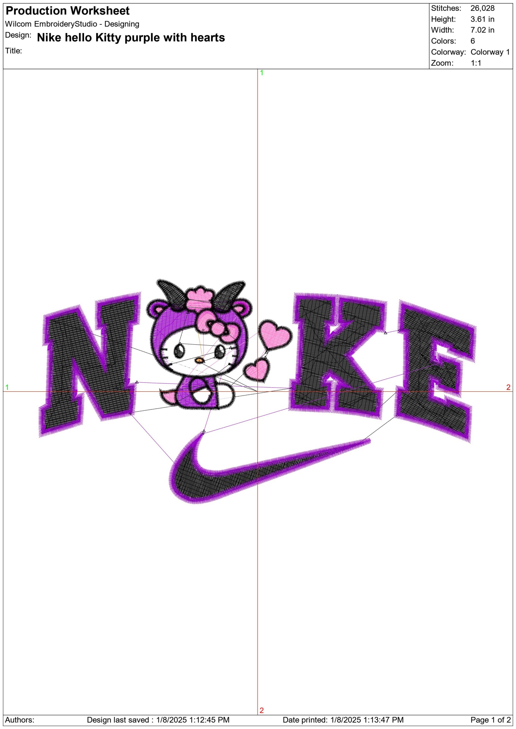 Nike Swoosh Hello Kitty With Purple Hearts - Nike embroidery design file - instant download in a frame — view 2