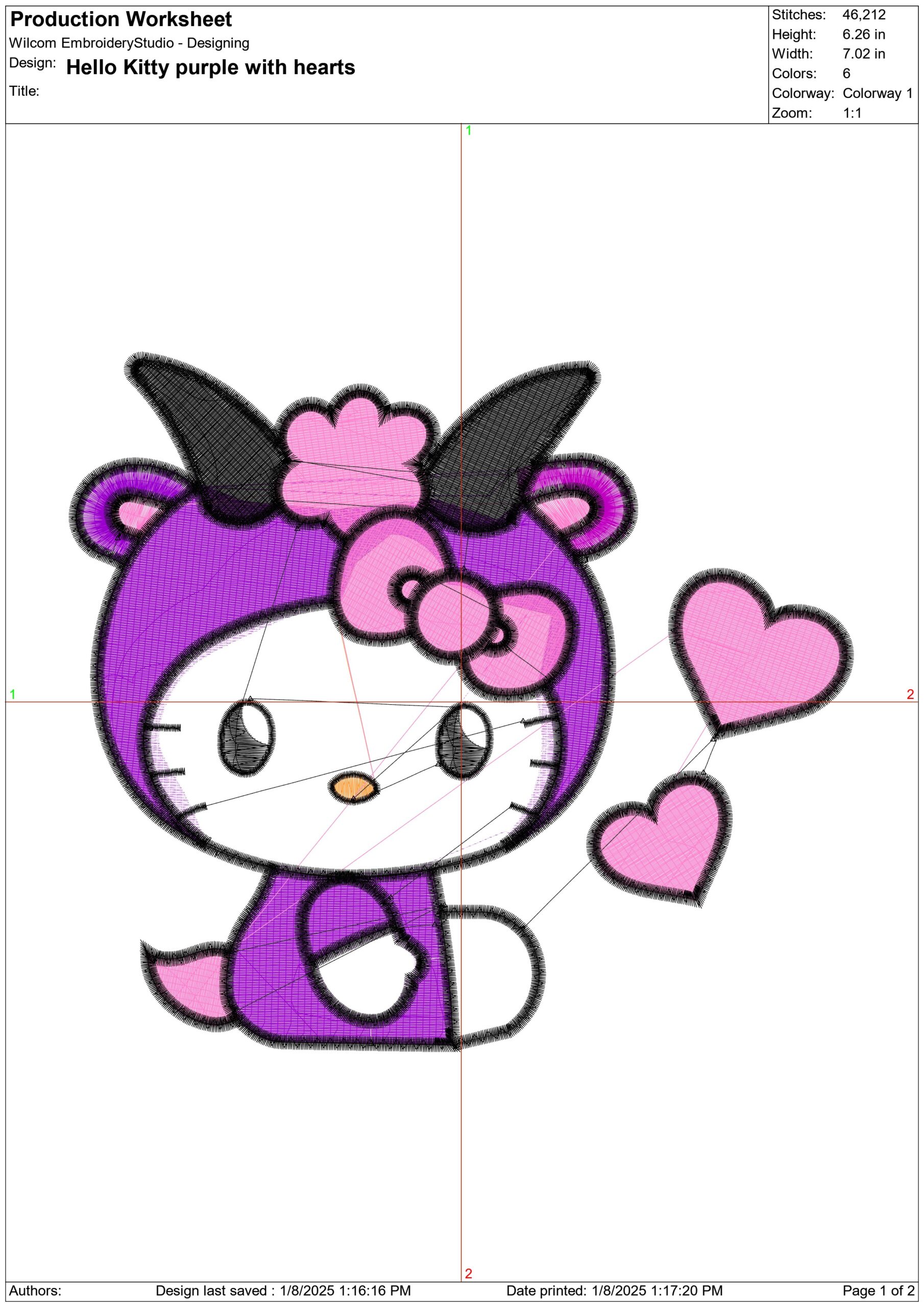 Hello Kitty With Purple Hearts - Nike embroidery design file - instant download in a frame — view 2