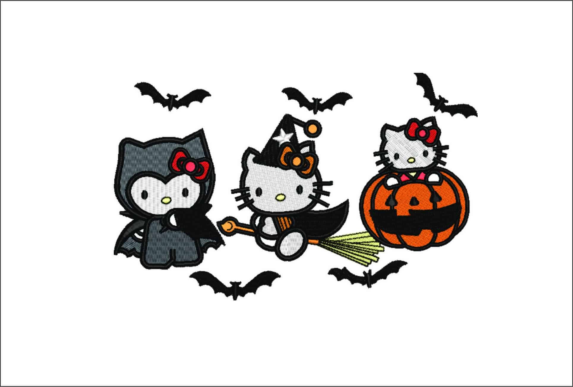 Hello Kitty Dracula, Witch and Pumpkin - Halloween embroidery design - embroidery file - instant download