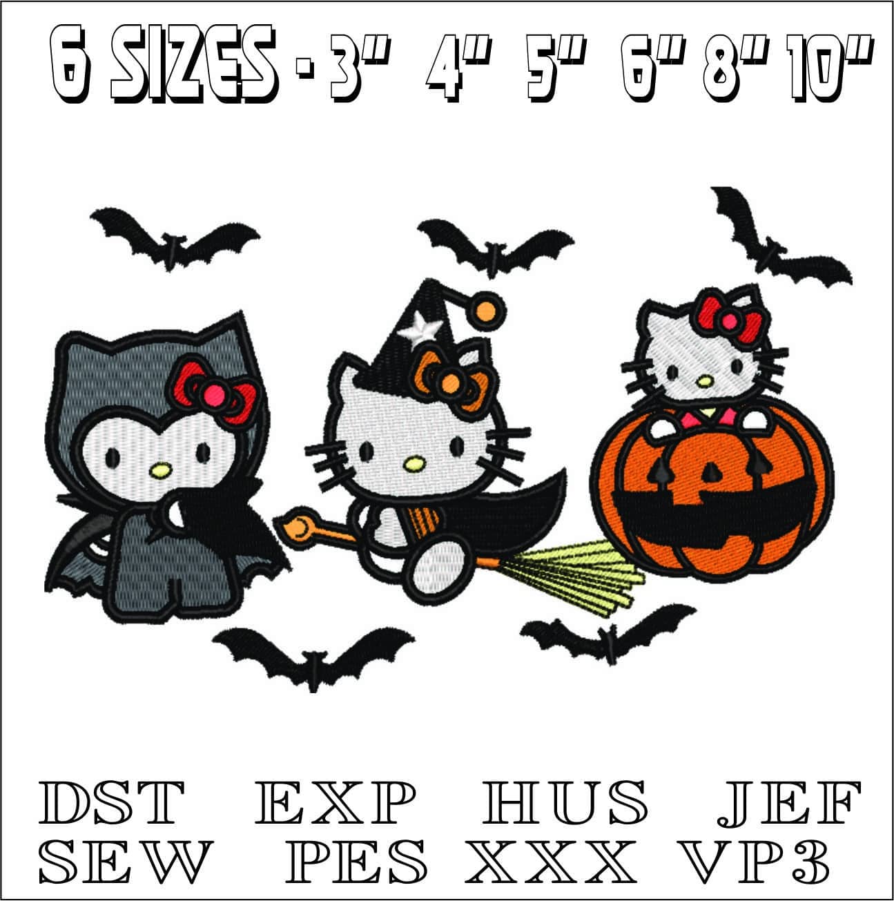 Hello Kitty Dracula, Witch and Pumpkin - Halloween embroidery design - embroidery file - instant download — view 2