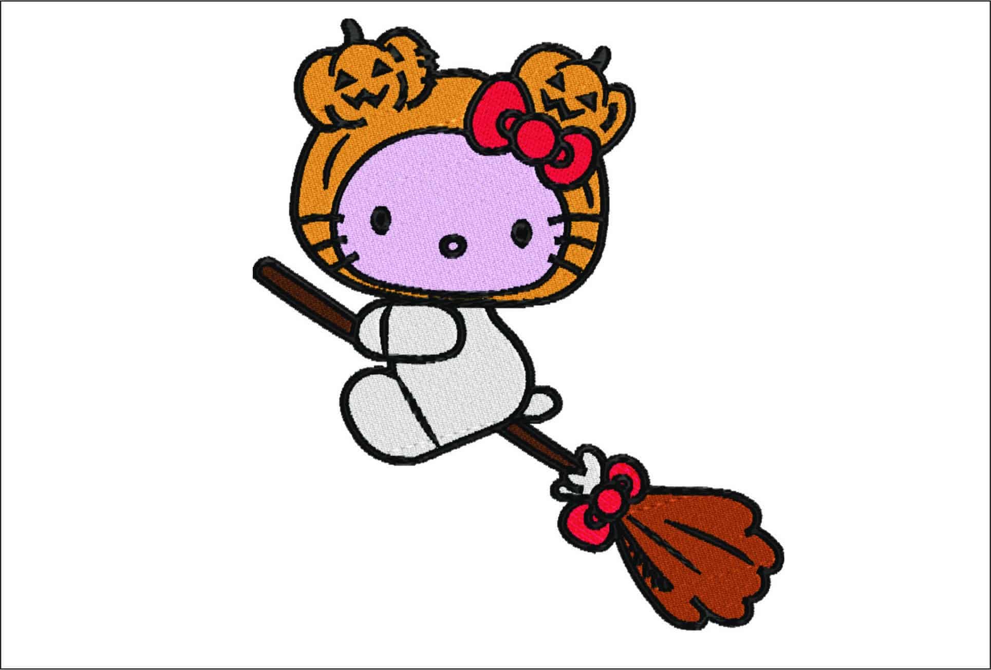 Hello Kitty Pumpkin Head on Broom - Halloween embroidery design - embroidery file - instant download