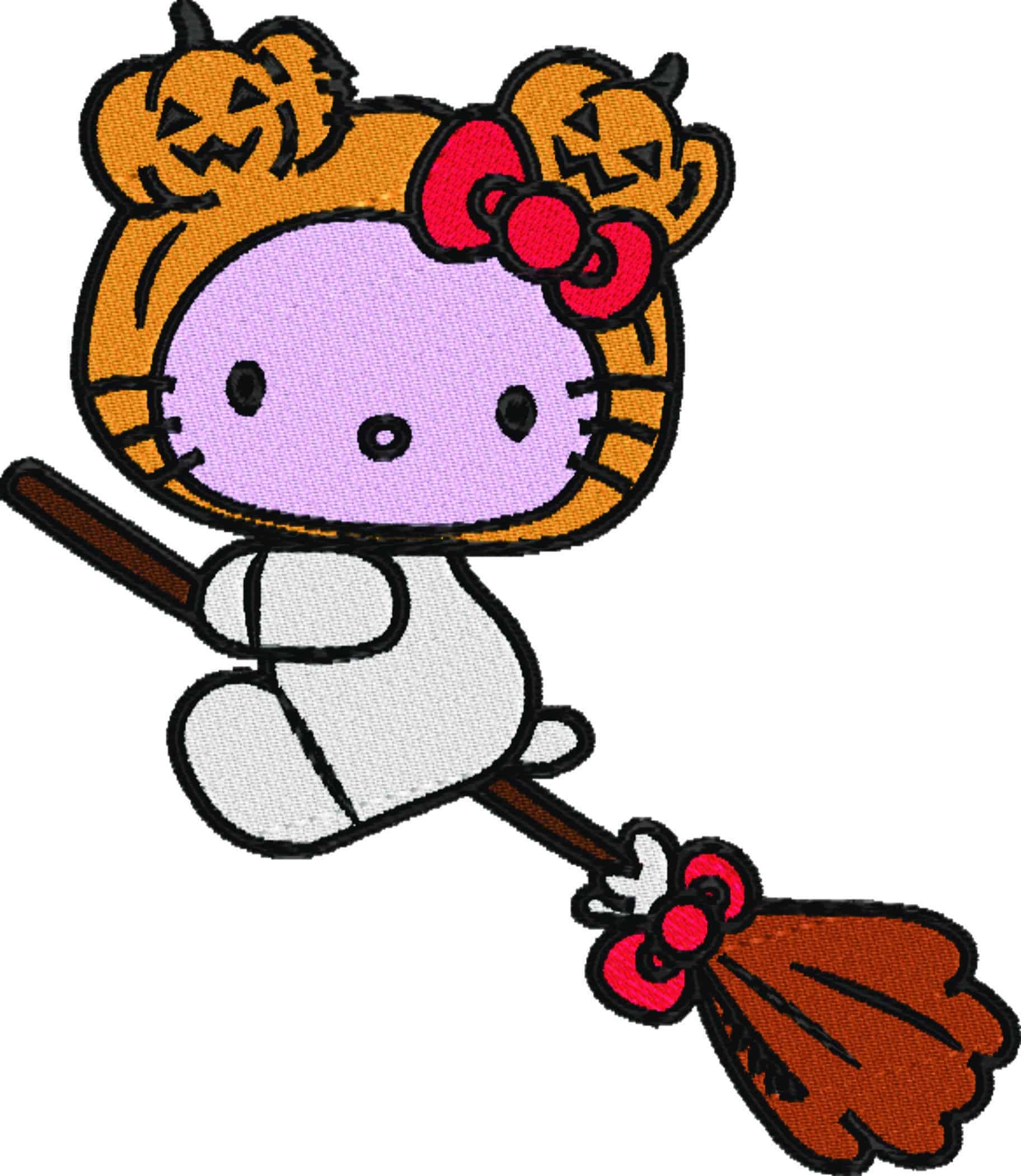 Hello Kitty Pumpkin Head on Broom - Halloween embroidery design - embroidery file - instant download — view 5