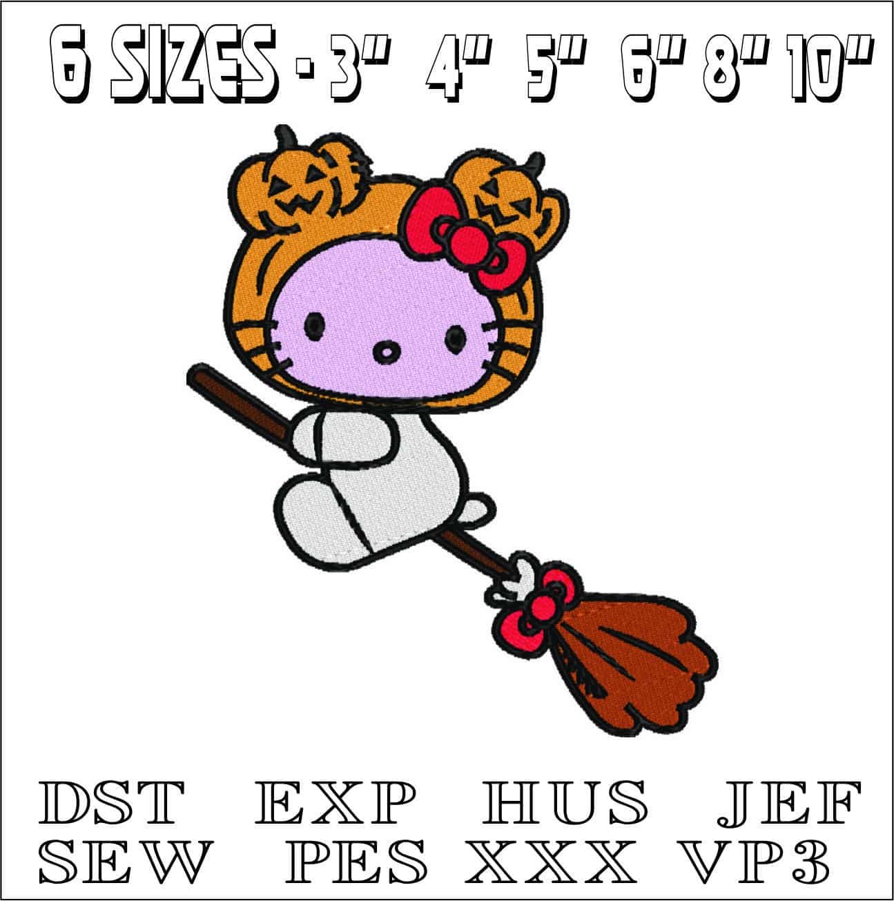 Hello Kitty Pumpkin Head on Broom - Halloween embroidery design - embroidery file - instant download — view 2