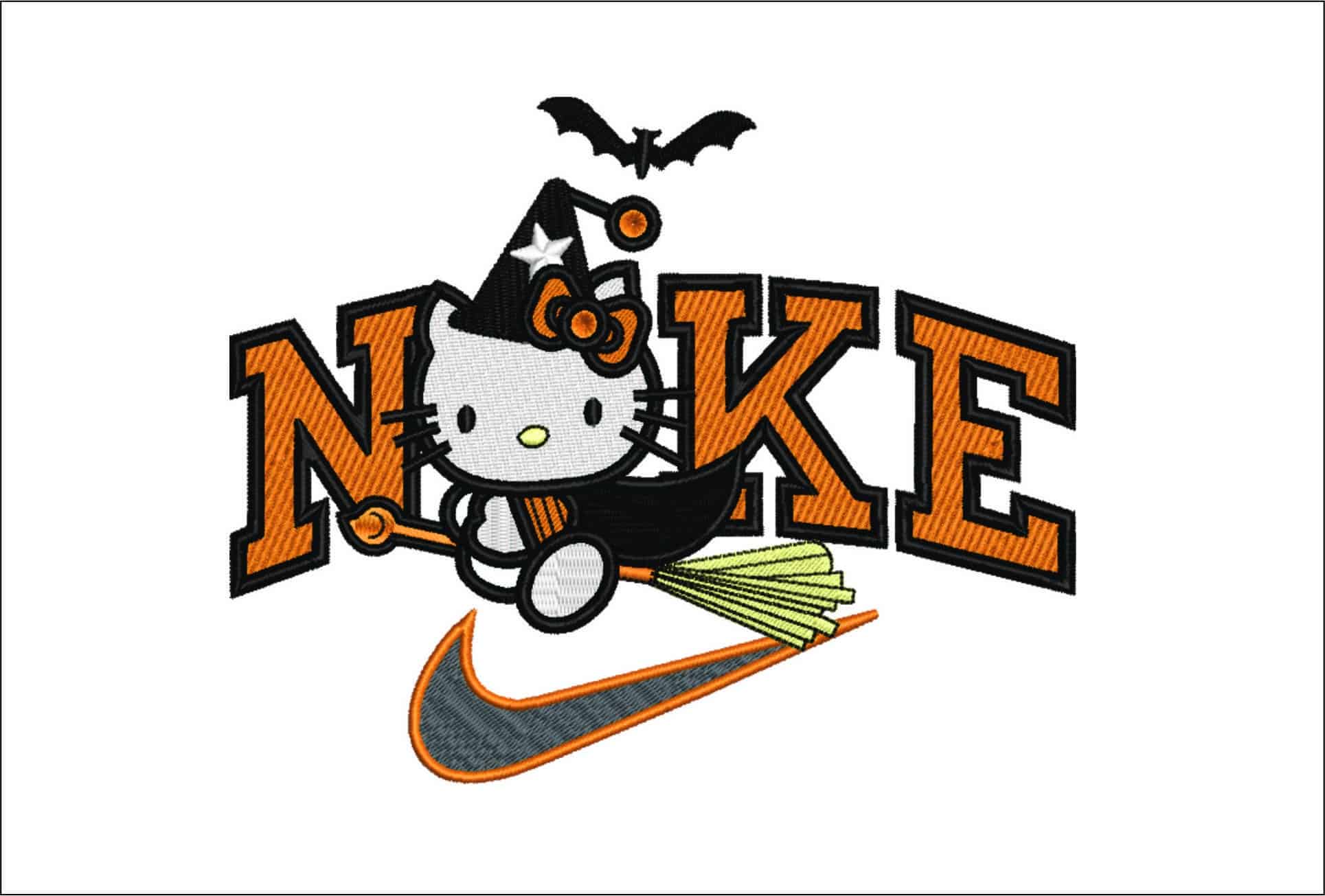 Nike Swoosh Hello Kitty Witch on Broom - Halloween embroidery design - embroidery file - instant download