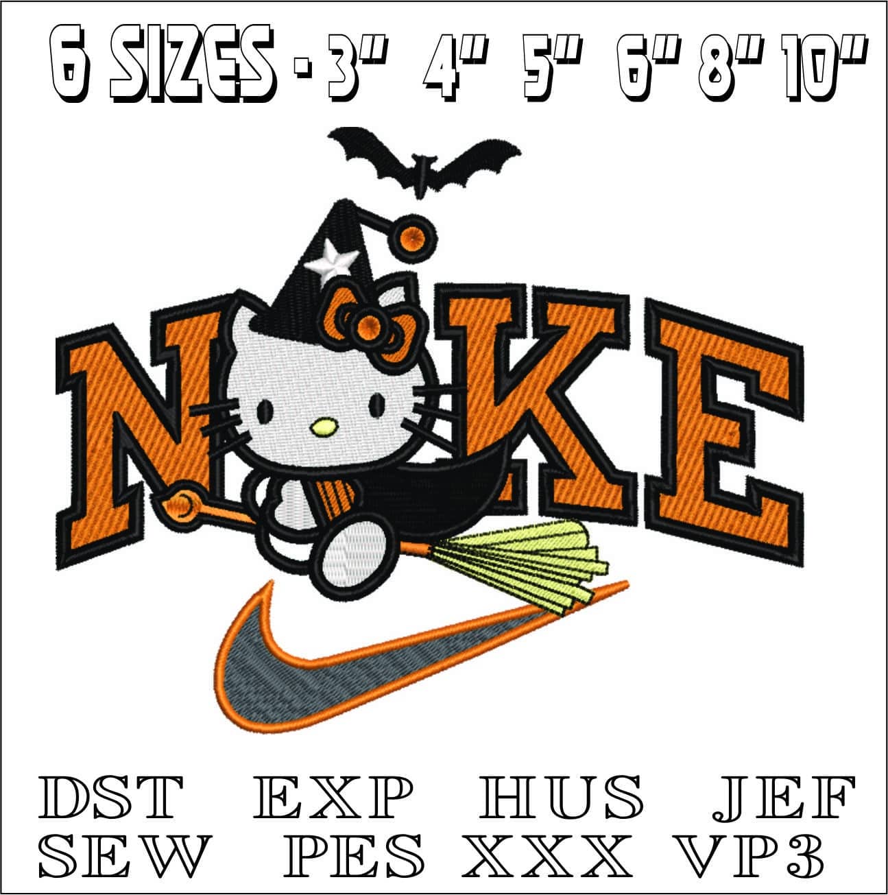 Nike Swoosh Hello Kitty Witch on Broom - Halloween embroidery design - embroidery file - instant download — view 2