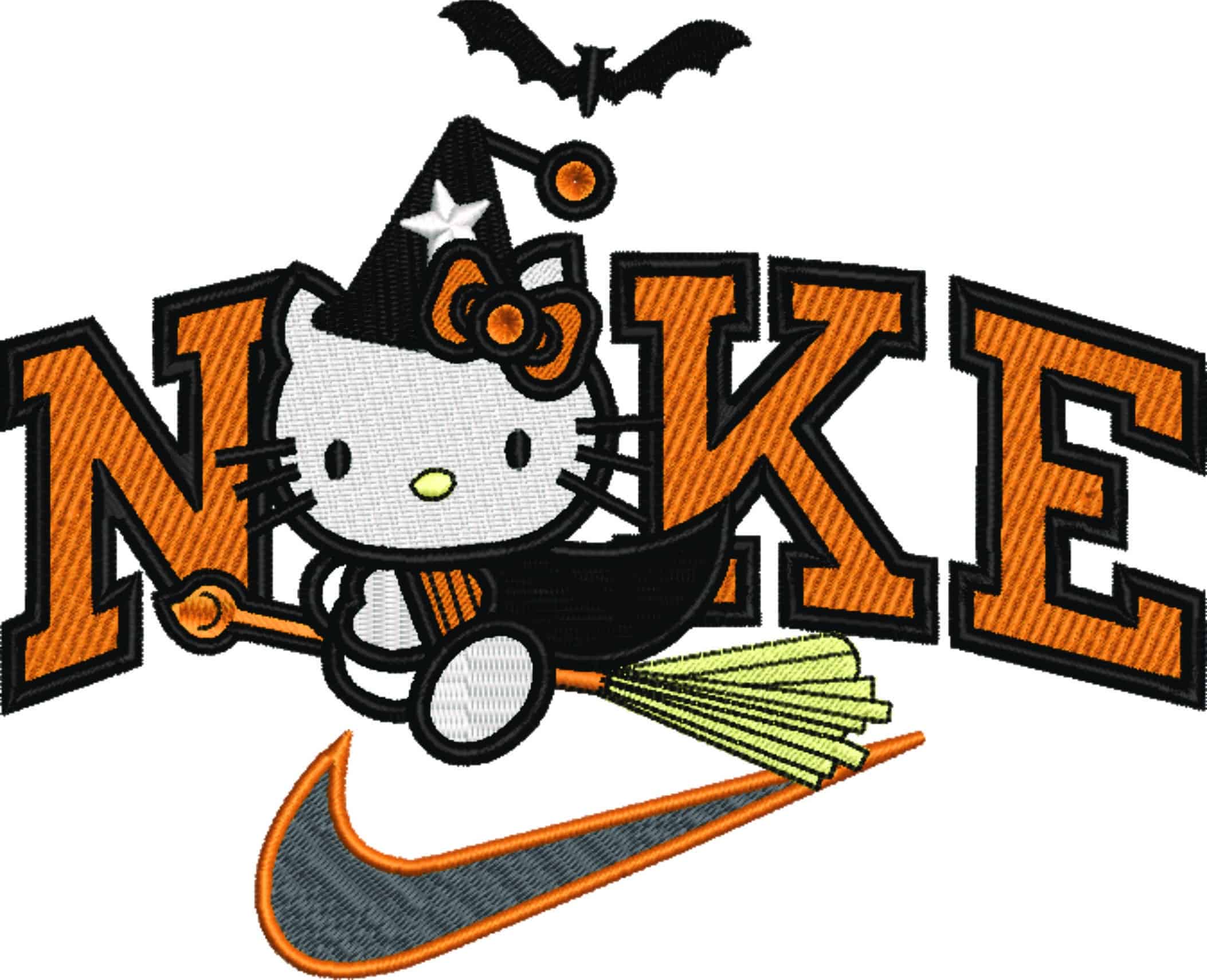 Nike Swoosh Hello Kitty Witch on Broom - Halloween embroidery design - embroidery file - instant download — view 5