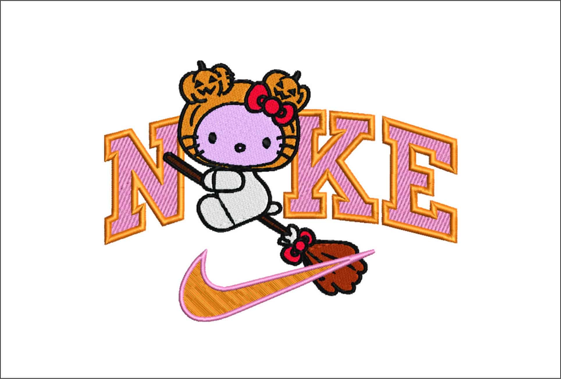 Nike Swoosh Hello Kitty Pumpkin Head on Broom - Halloween embroidery design - embroidery file - instant download
