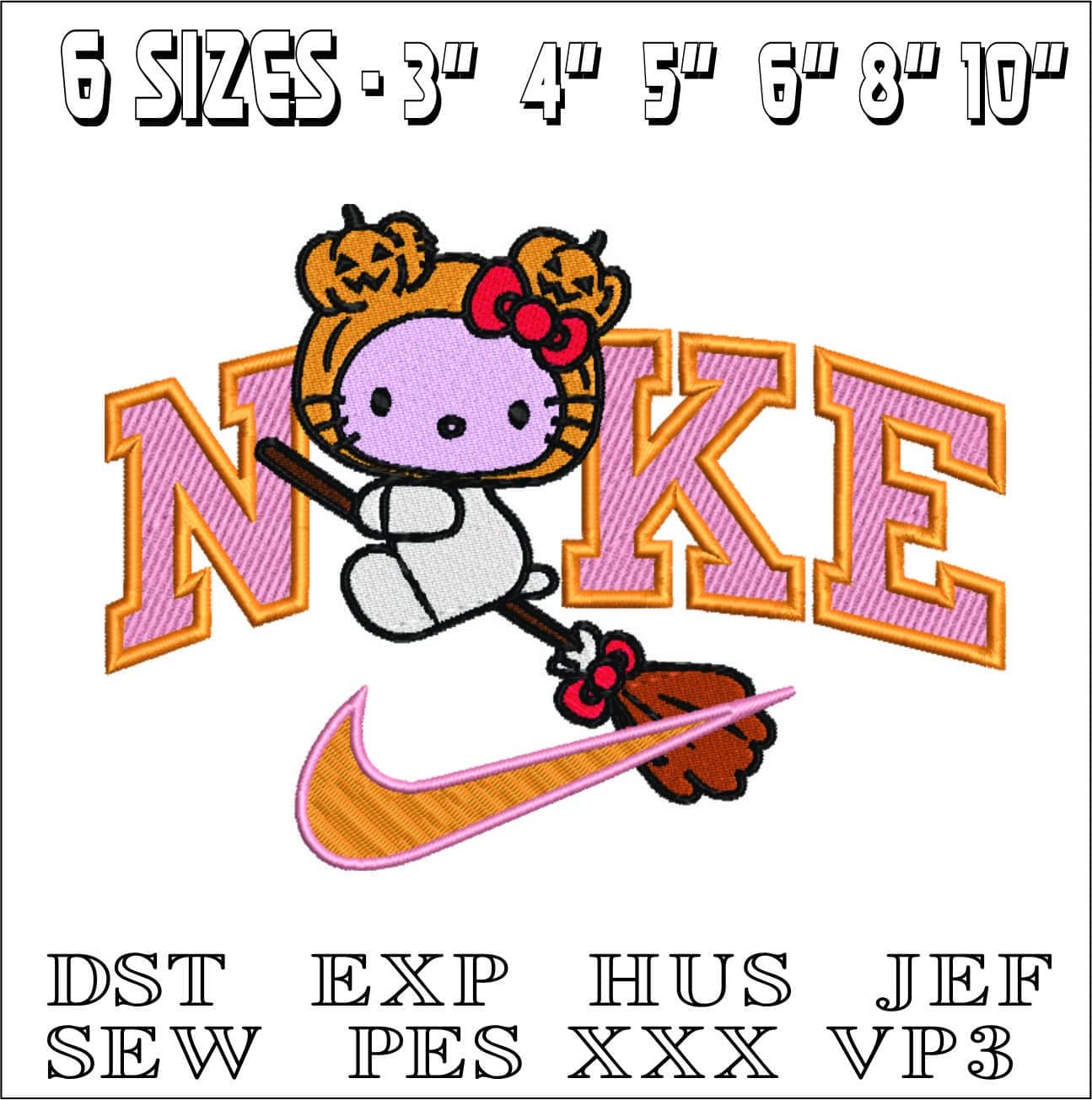 Nike Swoosh Hello Kitty Pumpkin Head on Broom - Halloween embroidery design - embroidery file - instant download — view 2