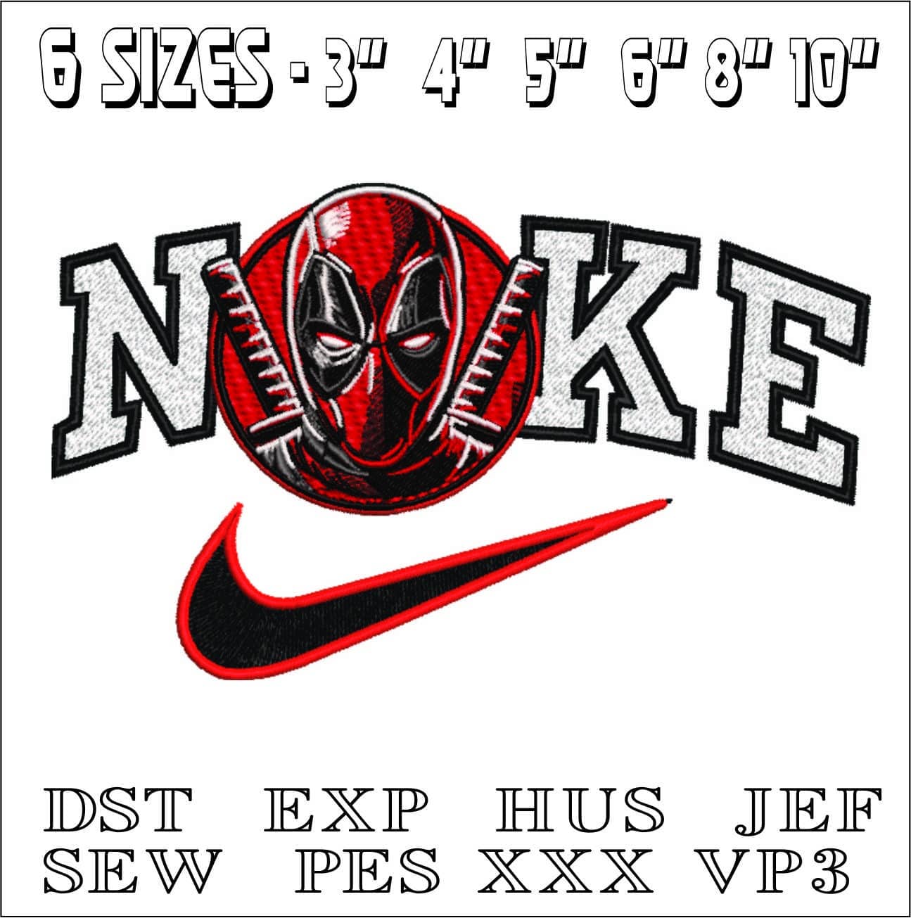 Nike Swoosh Deadpool Head Cartoon - Marvel Comics - Nike embroidery design file - instant download — view 2