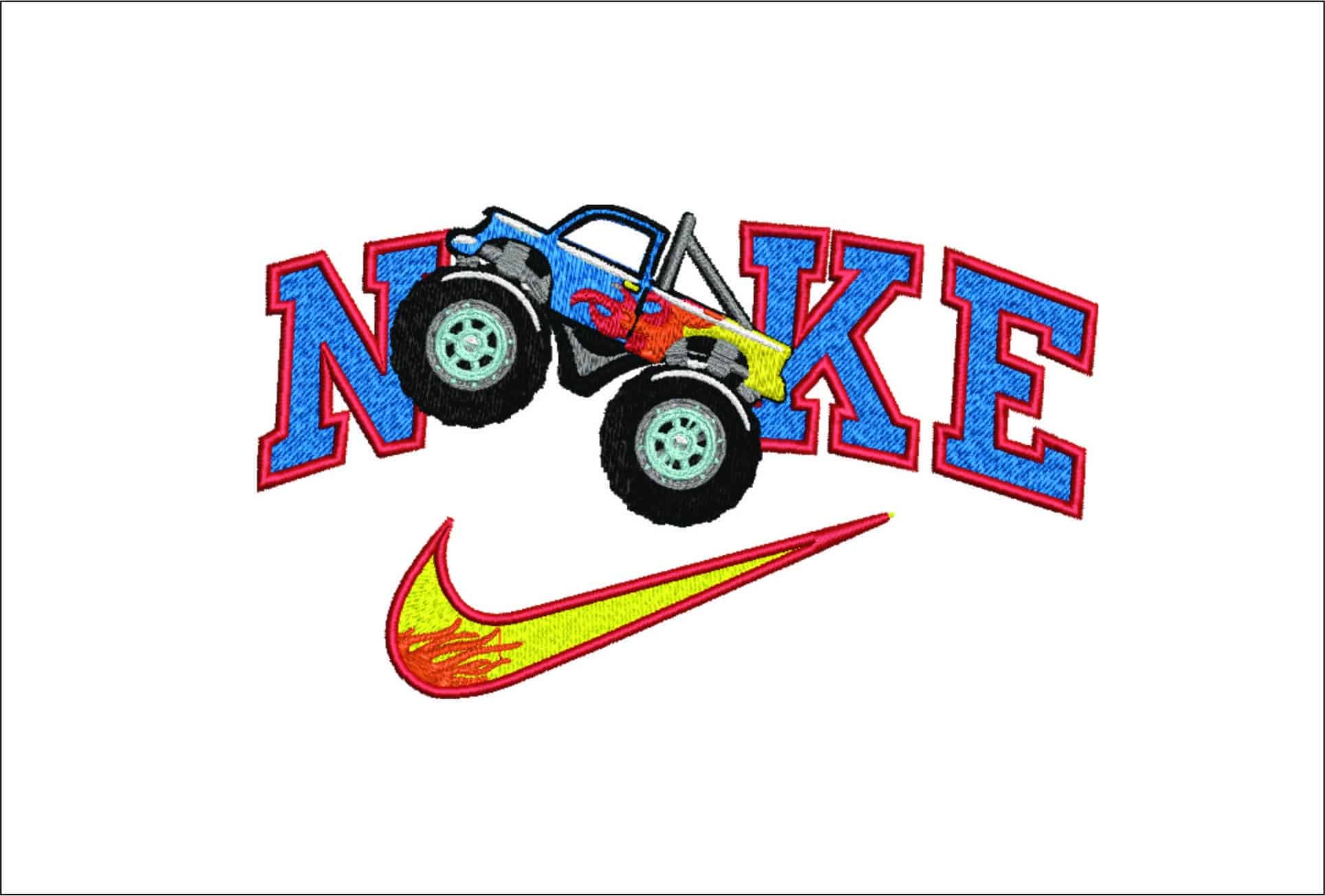 Nike Swoosh Monster Truck Color and Flames - Nike Car embroidery design file - instant download