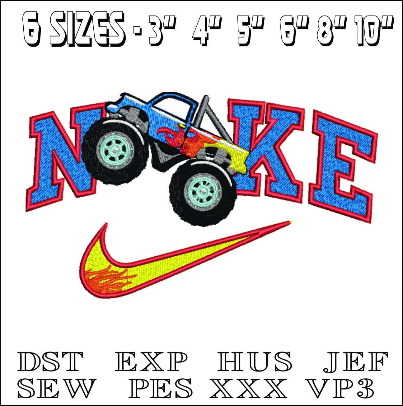 Nike Swoosh Monster Truck Color and Flames - Nike Car embroidery design file - instant download — view 2