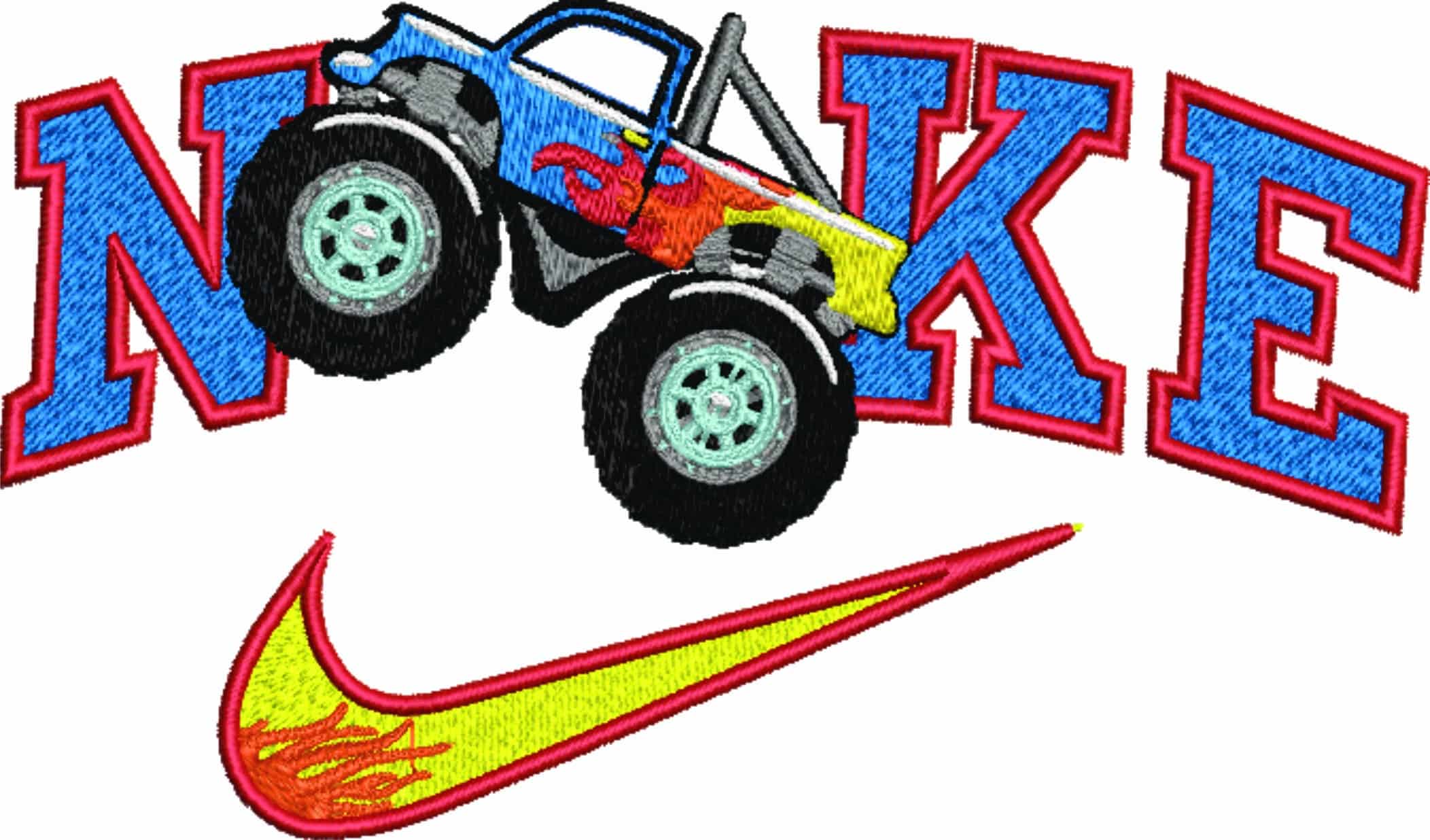 Nike Swoosh Monster Truck Color and Flames - Nike Car embroidery design file - instant download — view 4