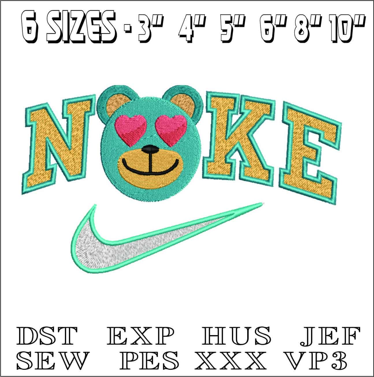 Nike Swoosh Bear Face Love Heart Eyes - Nike embroidery design file - instant download — view 2