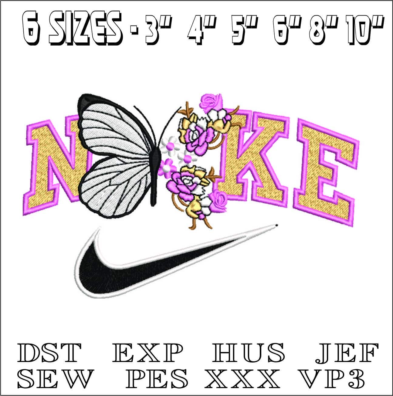 Nike Swoosh Butterflies and Flowers- Nike embroidery design file - instant download — view 2