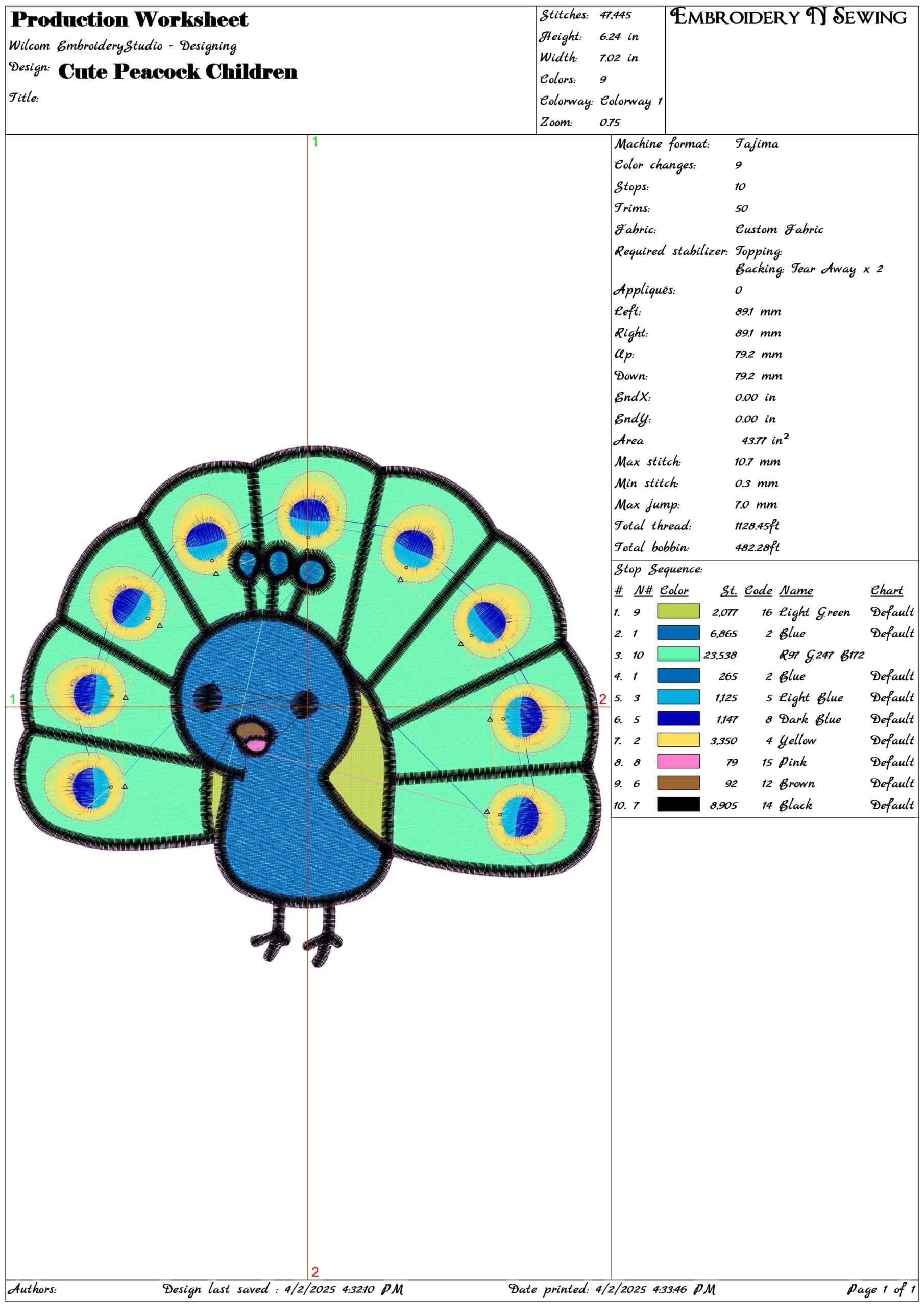 Cute Peacock Children- Elegant embroidery design file - instant download — view 3