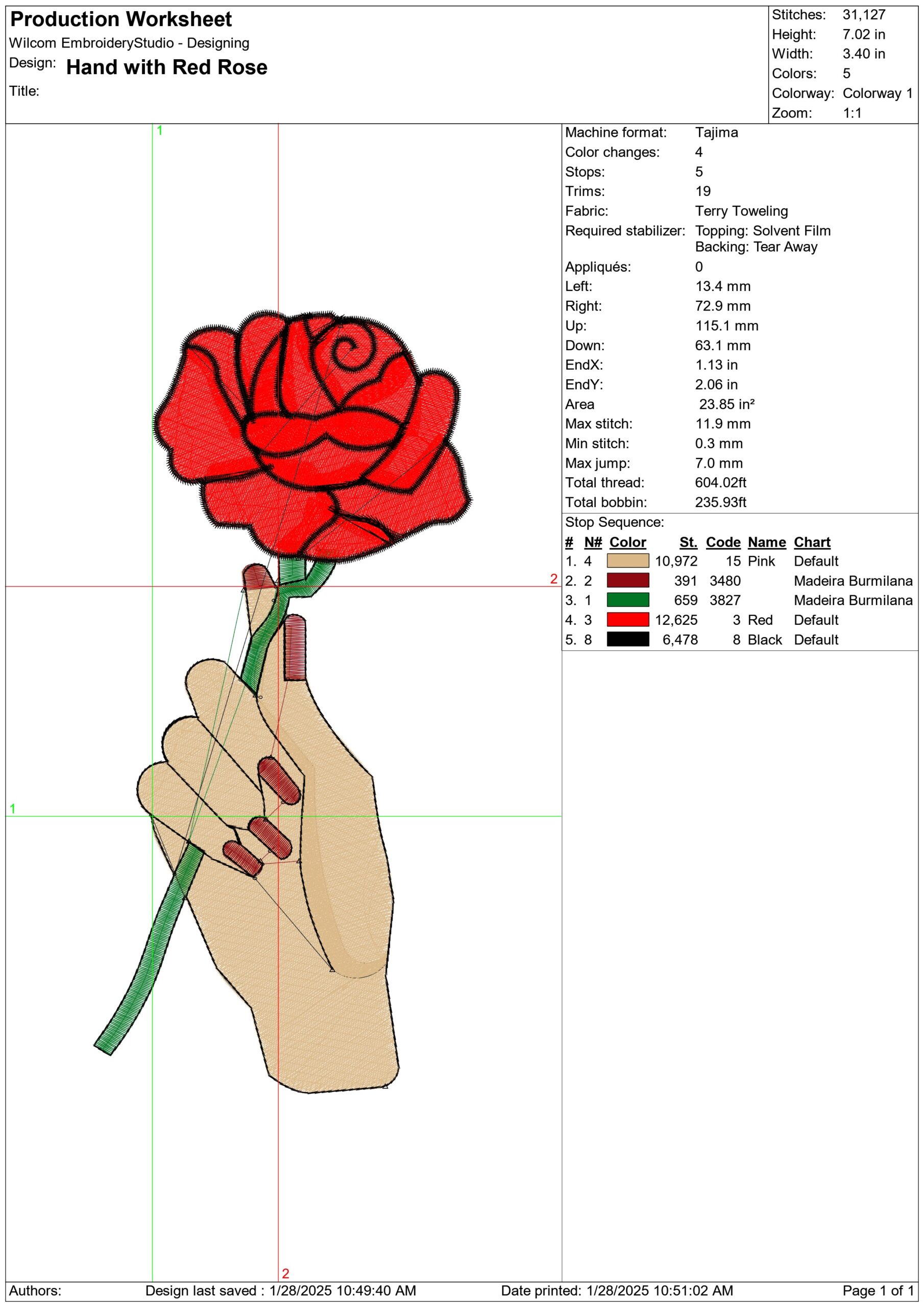 Hand with Red Rose- Elegant embroidery design file - instant download — view 3