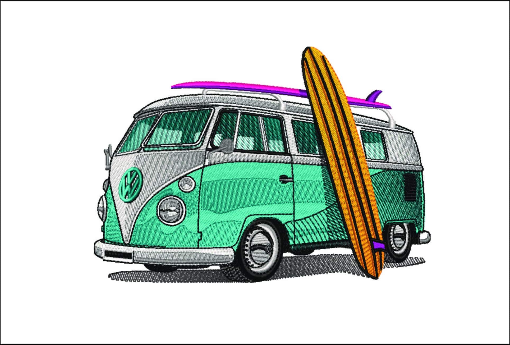 VW Camper Van surfer- Elegant embroidery design file - instant download