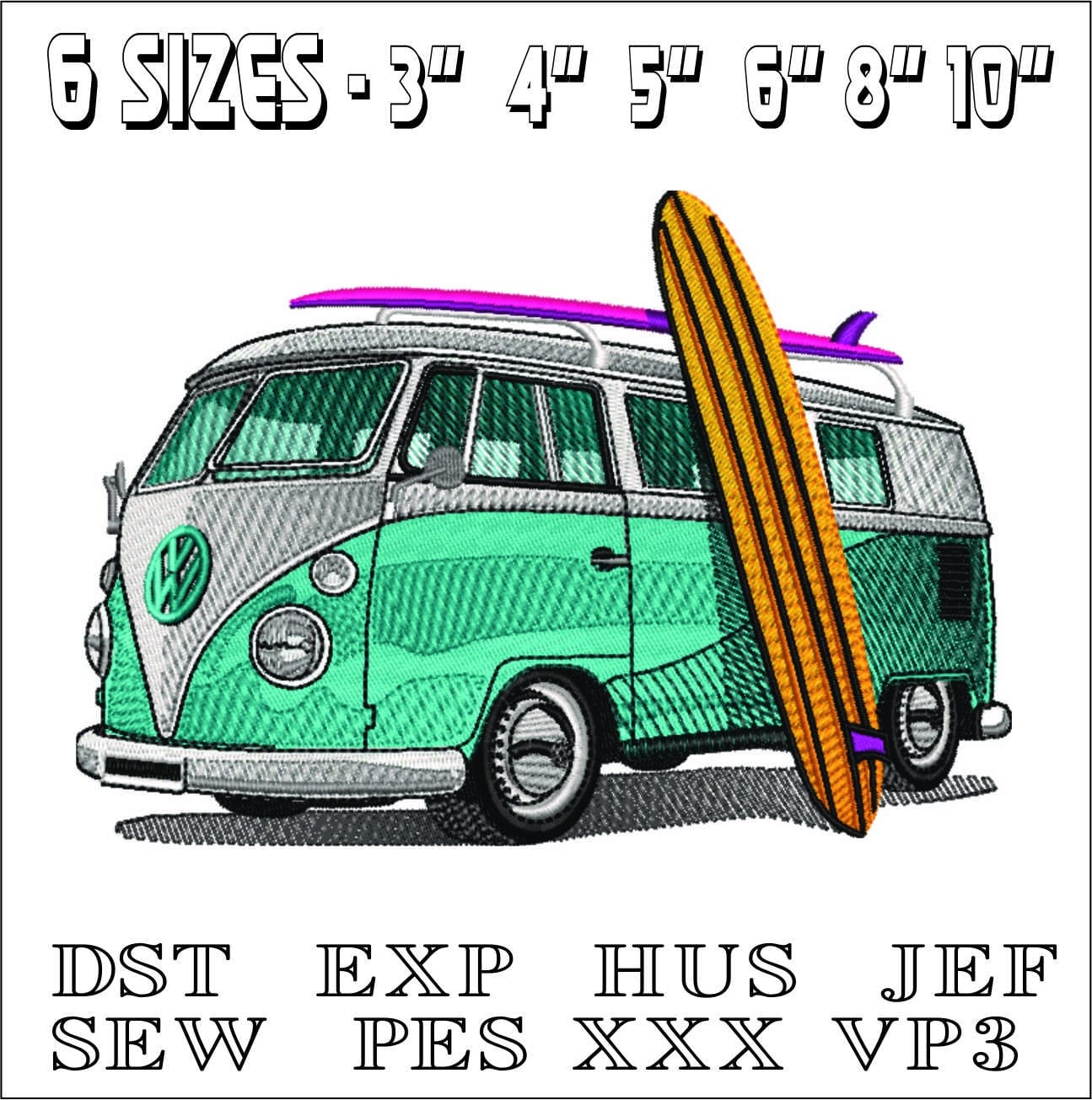 VW Camper Van surfer- Elegant embroidery design file - instant download — view 2