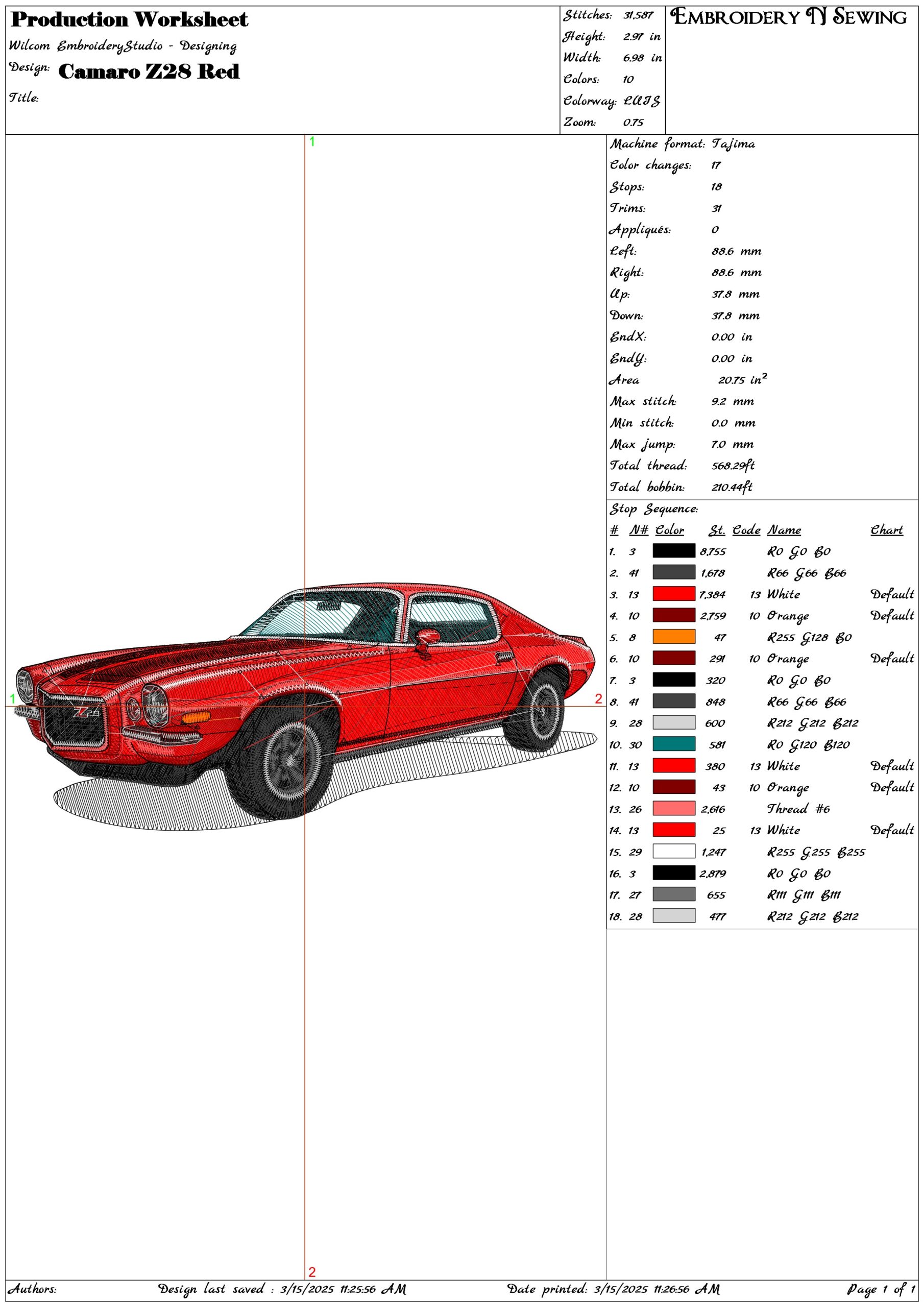 Camaro Z28 Red- Elegant embroidery design file - instant download — view 3