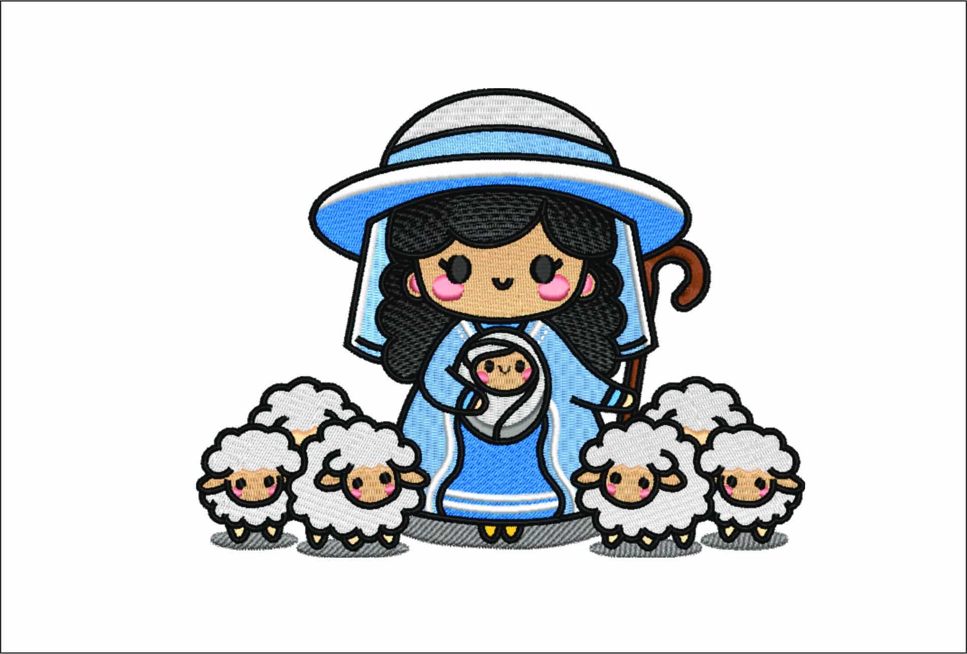 Cartoon Mary and Sheep- Elegant embroidery design file - instant download