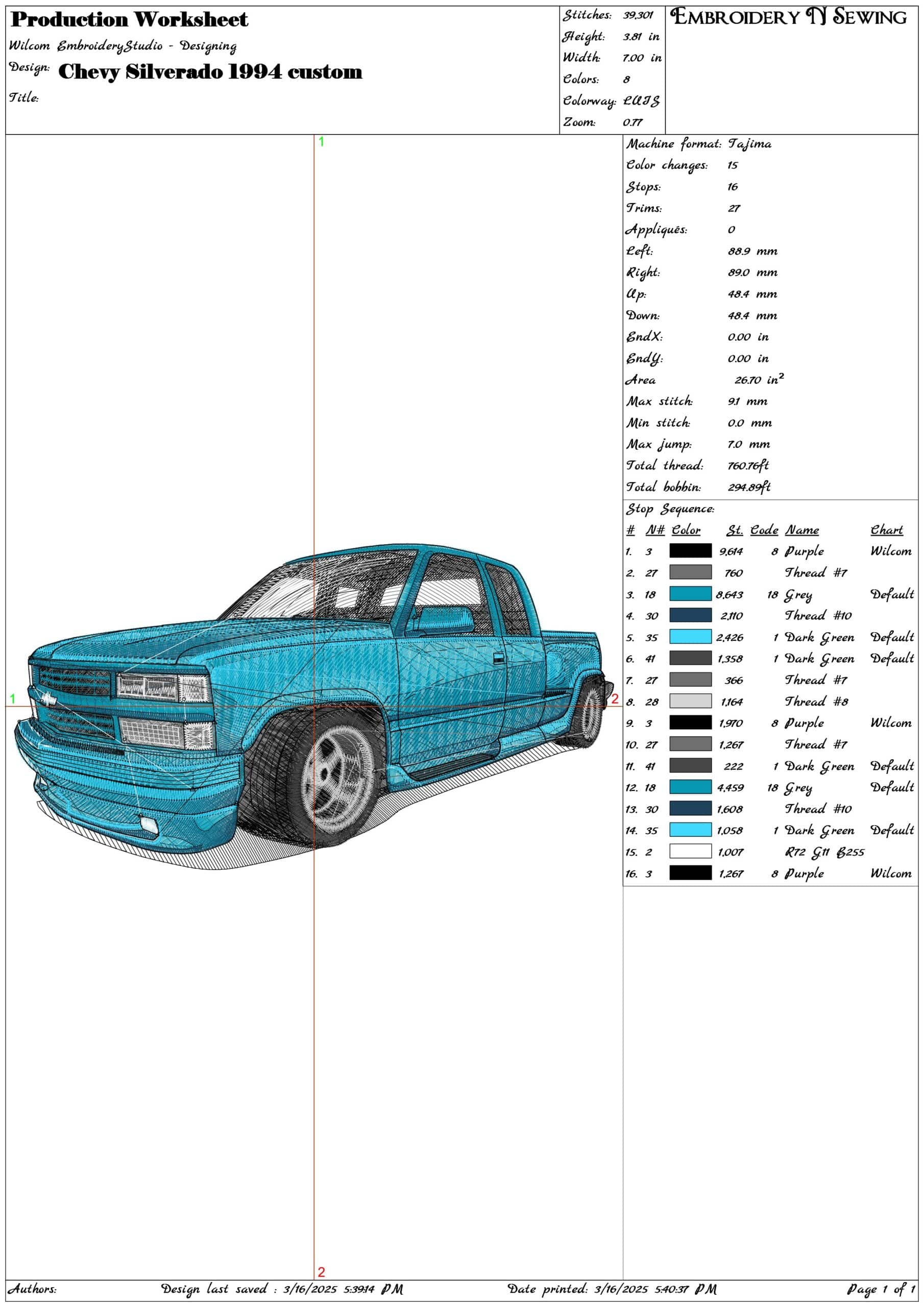 Chevy Silverado 1994 custom- Elegant embroidery design file - instant download — view 3