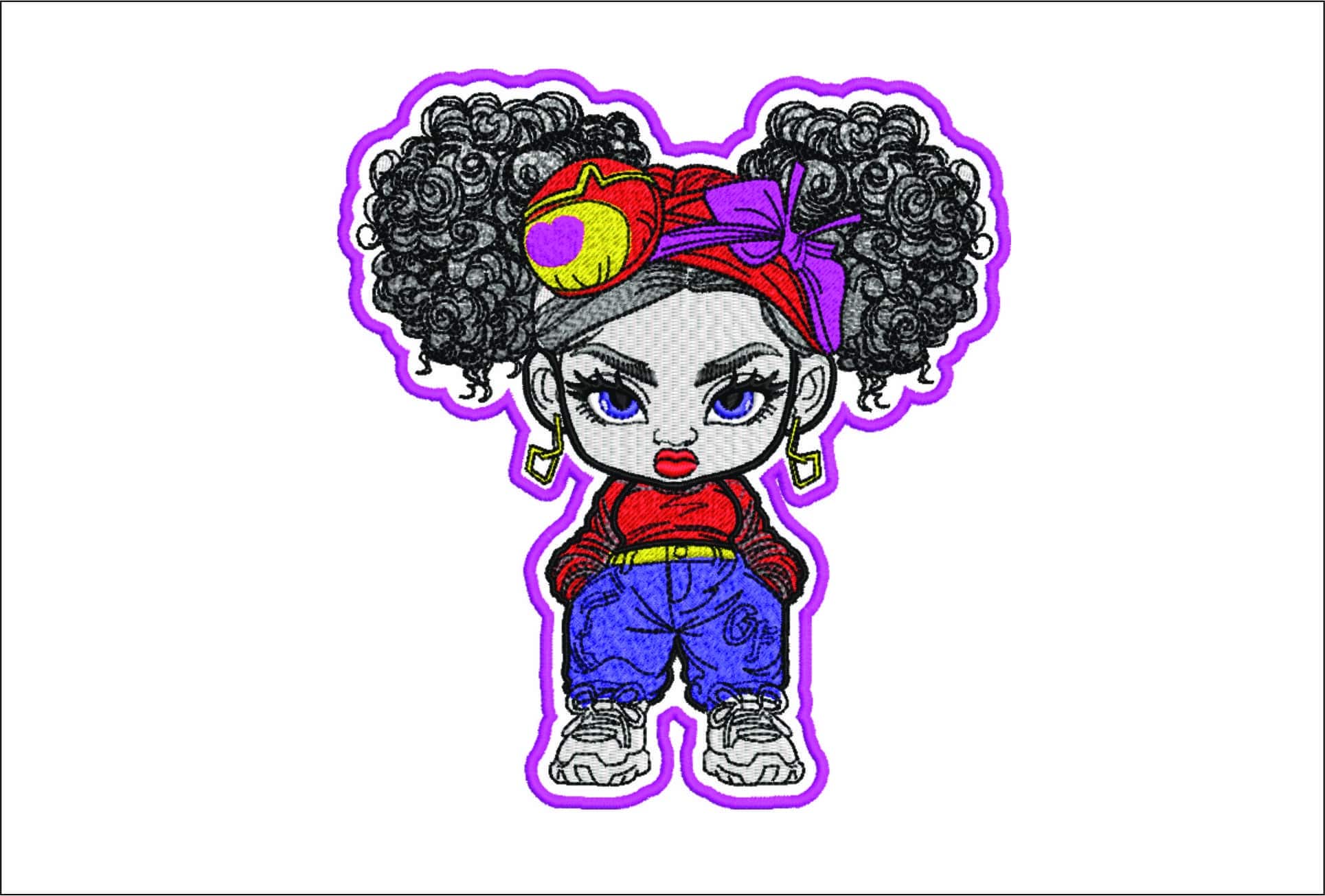 Chibi Cute Afro Girl Color- Elegant embroidery design file - instant download