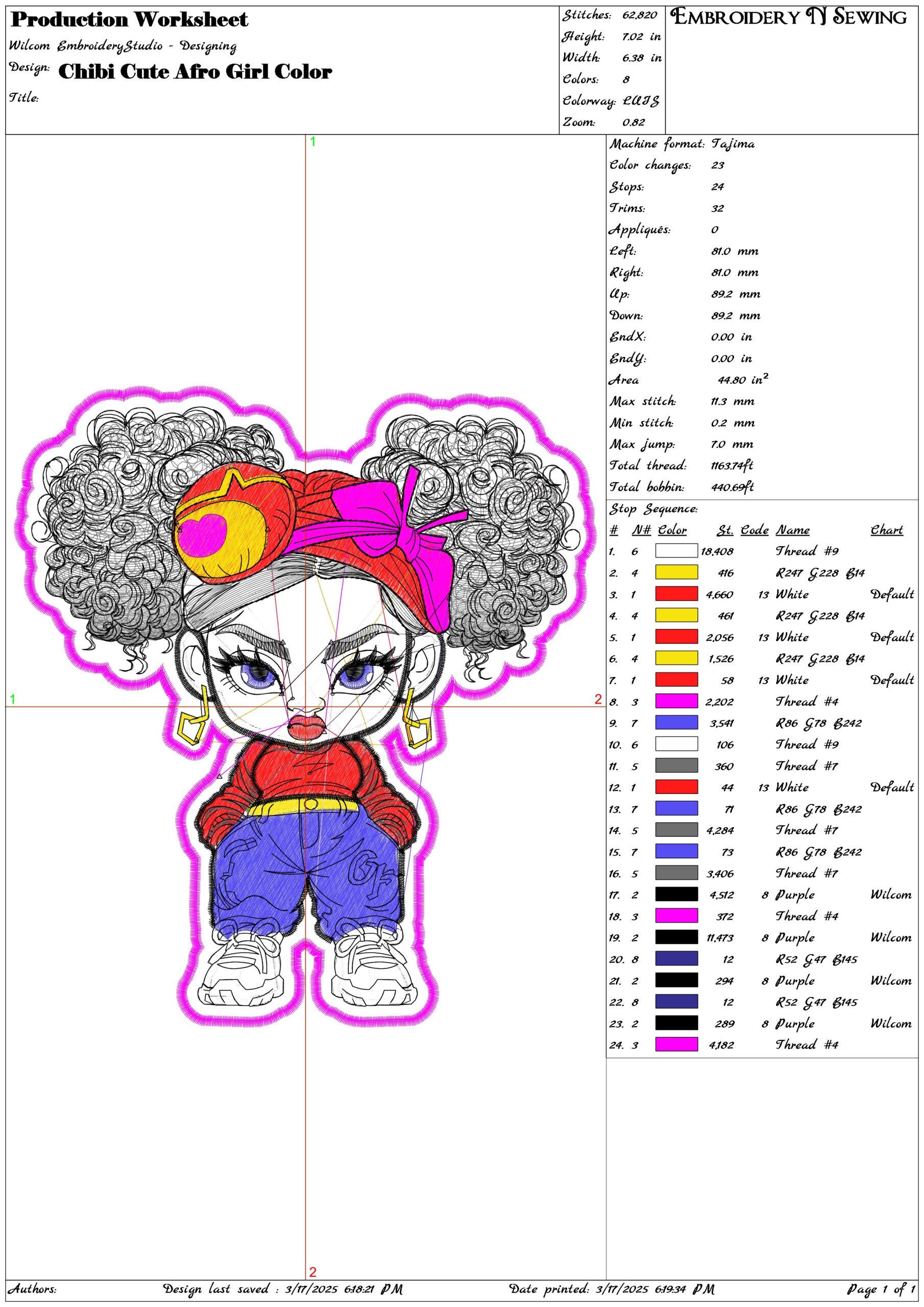 Chibi Cute Afro Girl Color- Elegant embroidery design file - instant download — view 3