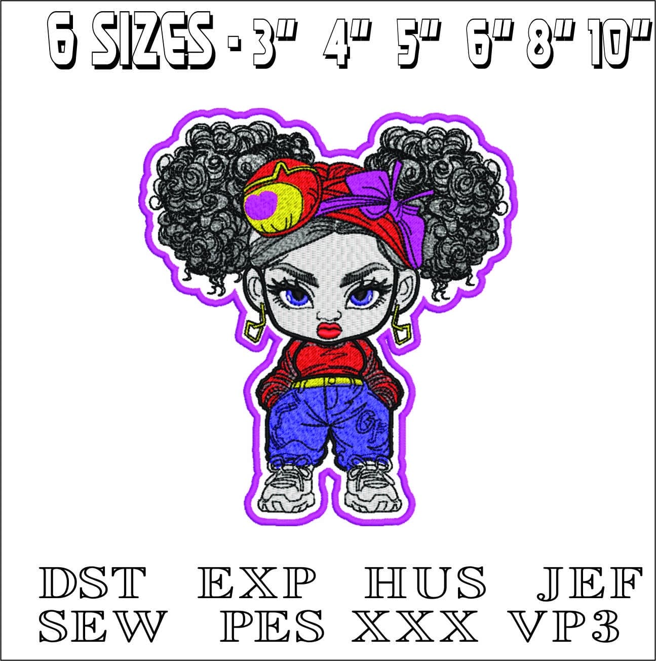 Chibi Cute Afro Girl Color- Elegant embroidery design file - instant download — view 2