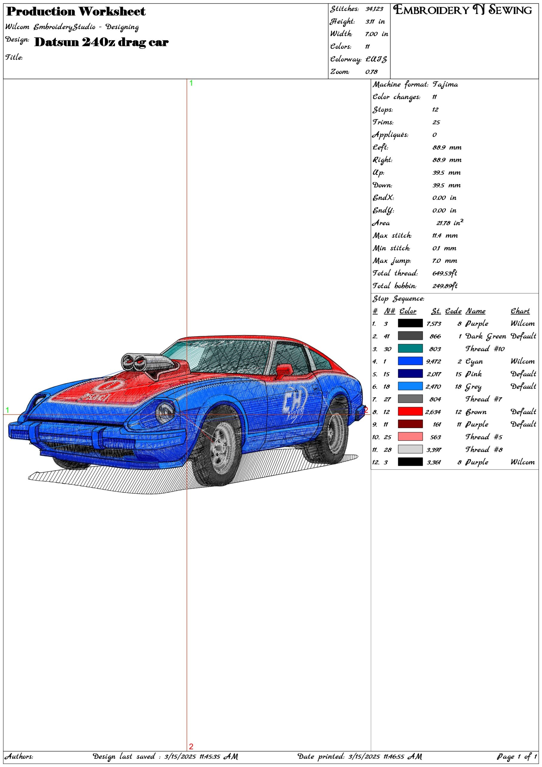 Datsun 240z drag car- Elegant embroidery design file - instant download — view 3
