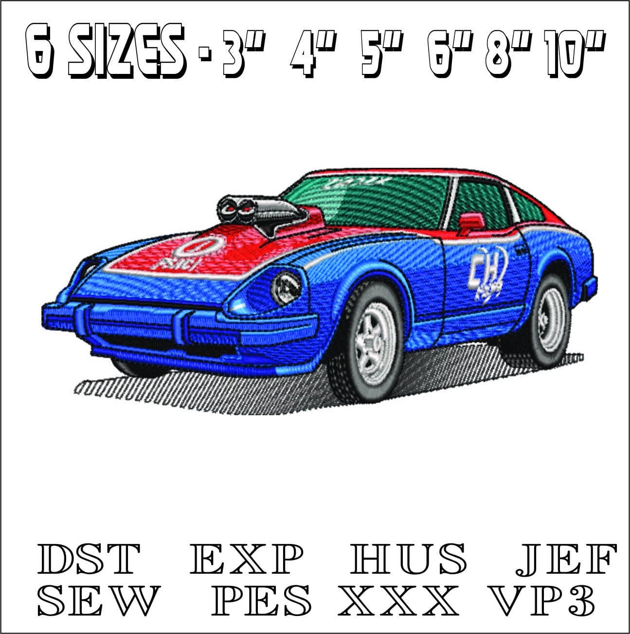 Datsun 240z drag car- Elegant embroidery design file - instant download — view 2